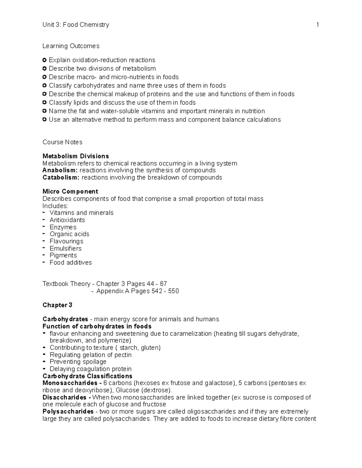 Unit 3 - Food Chemistry - notes - Unit 3: Food Chemistry 1 Learning ...