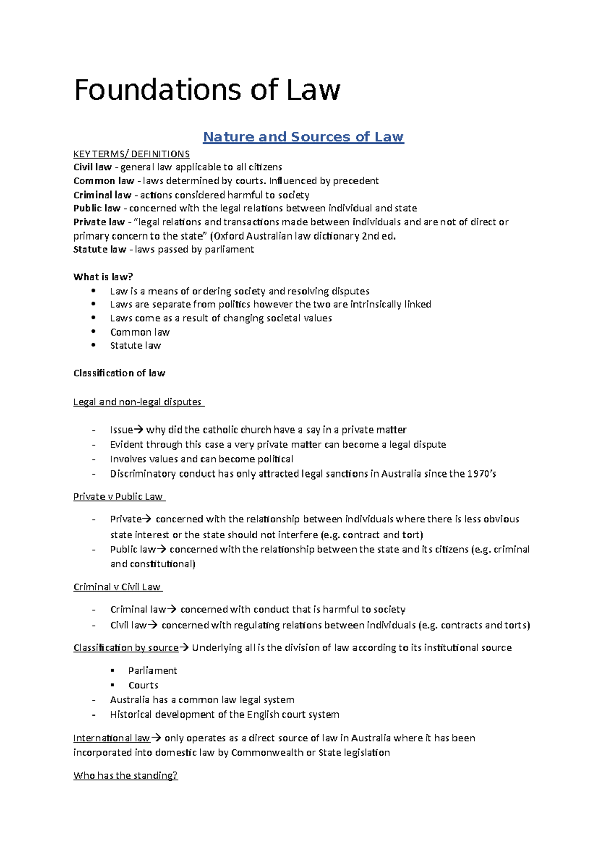 Foundations of Law notes Foundations of Law Nature and Sources of Law
