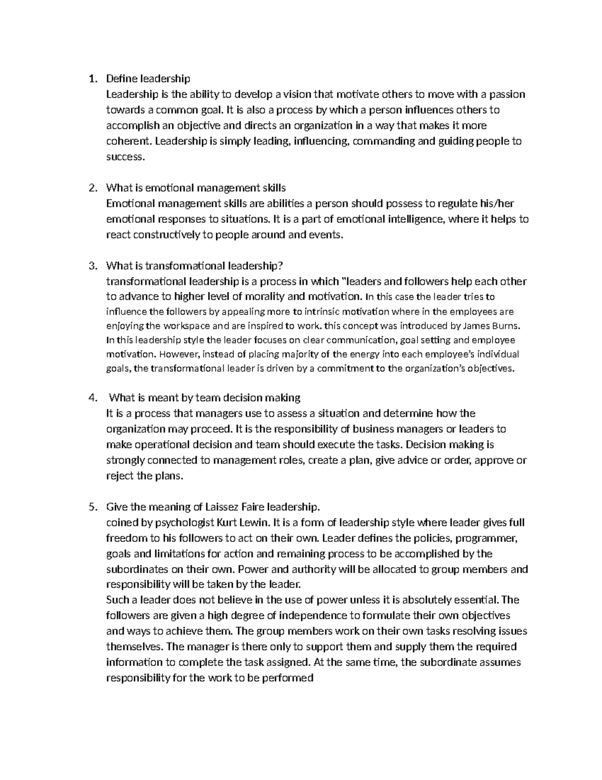Bls - Alll notes are helpful for 4th sem students - Define leadership ...