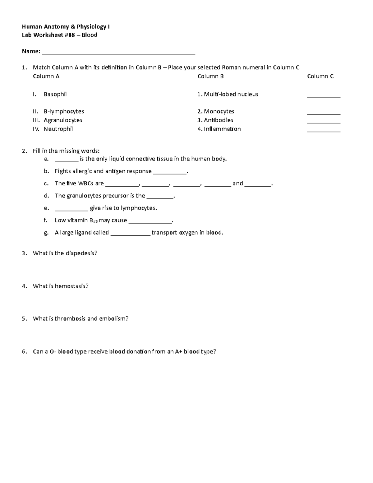 Lab Worksheet Blood - notes - Human Anatomy &amp; Physiology I Lab ...