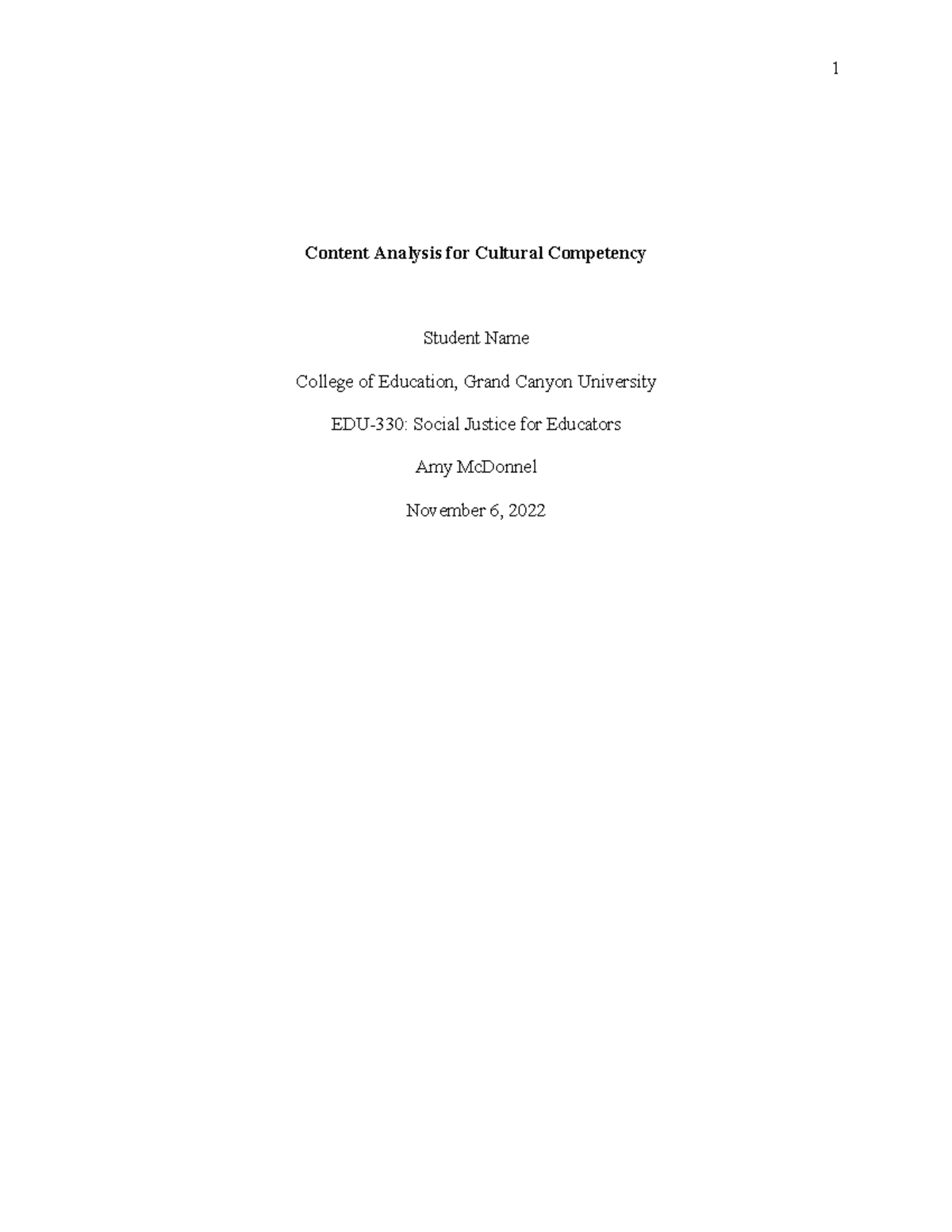 EDU-330 Content Analysis For Cultural Competency - Content Analysis for ...