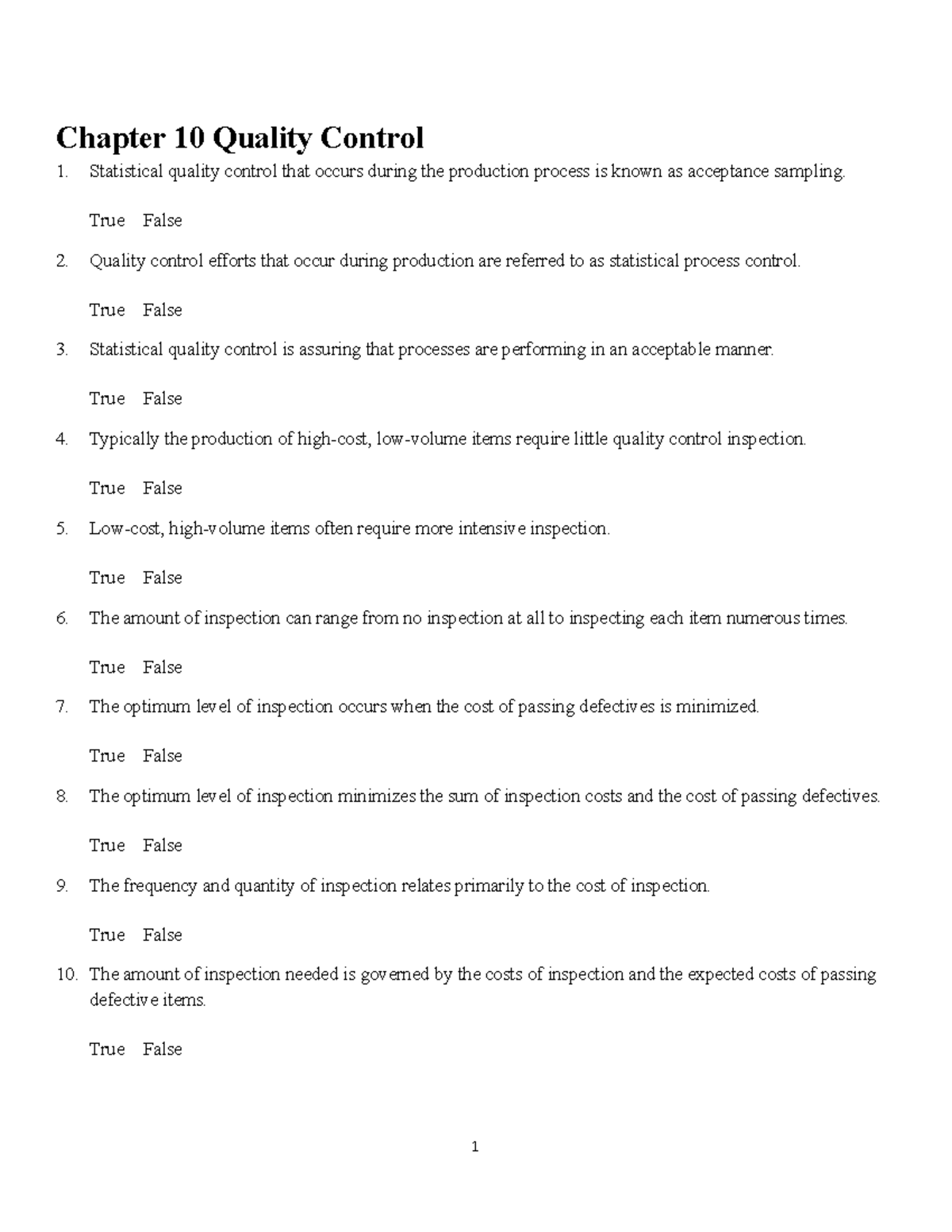 Chapter 10 Quality Control Chapter 10 Quality Control 1. Statistical