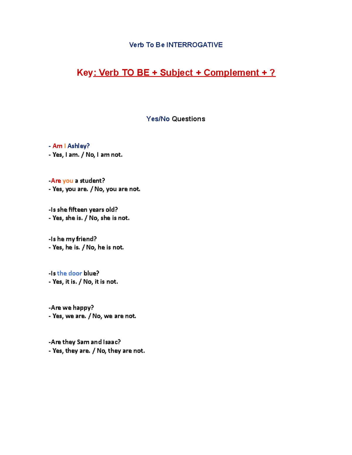 YES,NO AND Information Questions - Verb To Be INTERROGATIVE Key: Verb ...