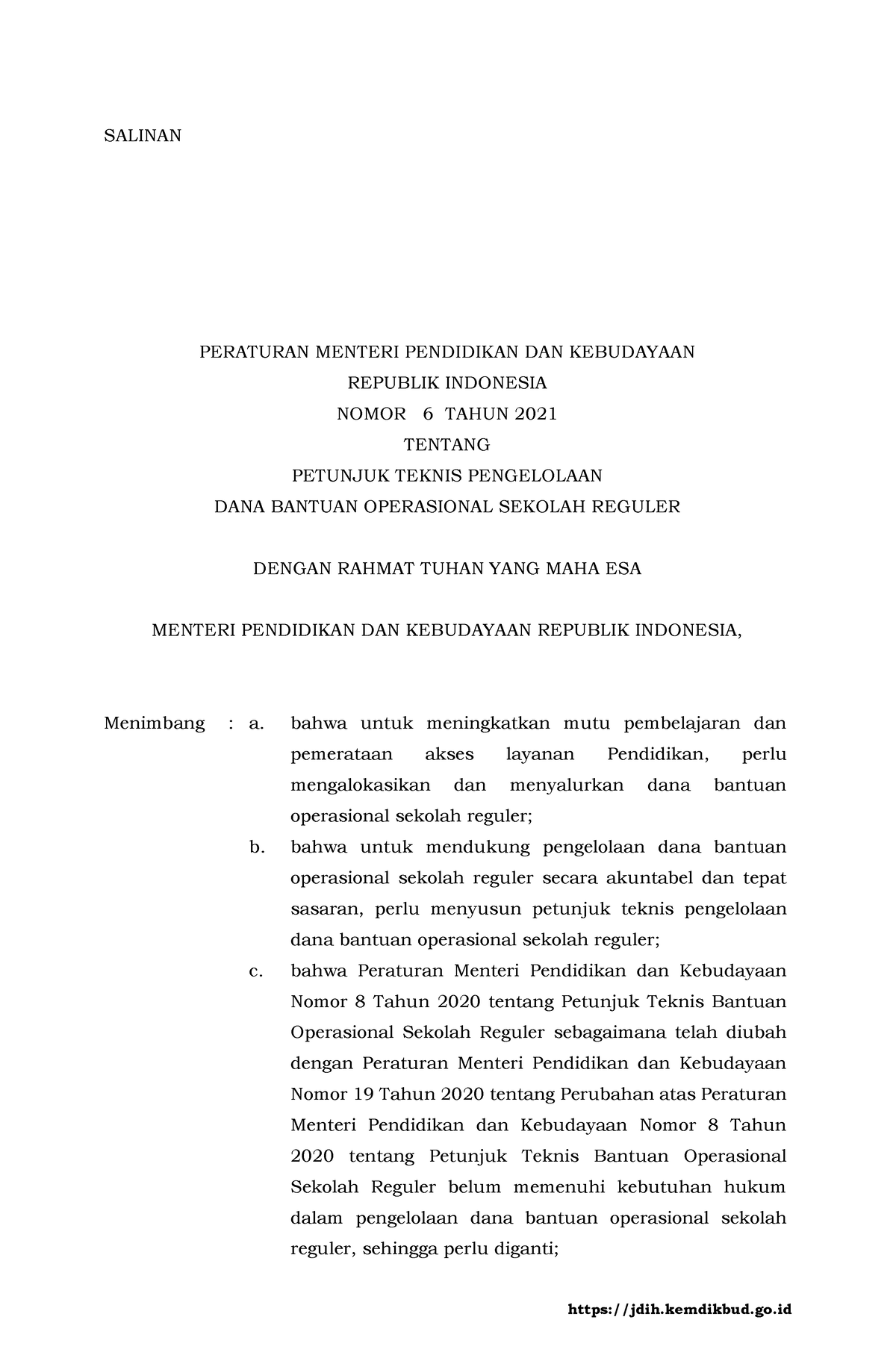 Permendikbud 6 Tahun 2021 - BOS Reguler - SALINAN MENTERI PENDIDIKAN ...