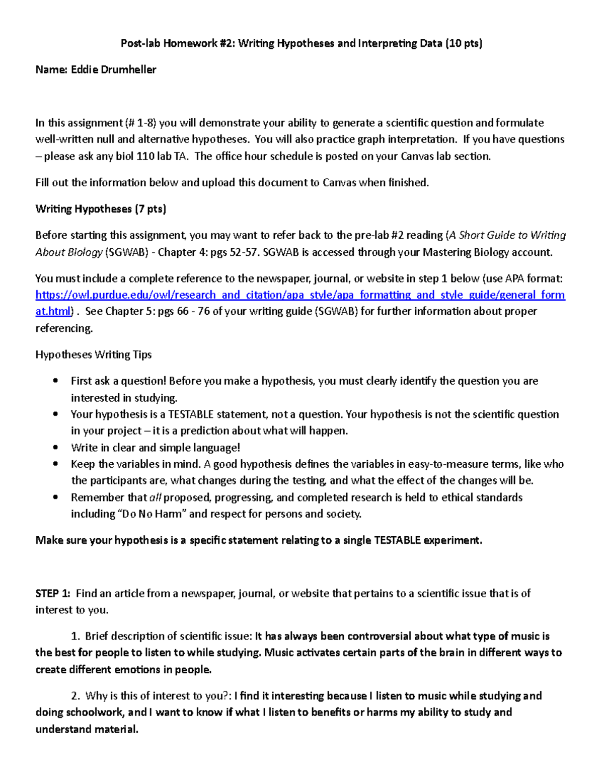 Post Lab 2 Homework - Post-lab Homework #2: Writing Hypotheses and ...