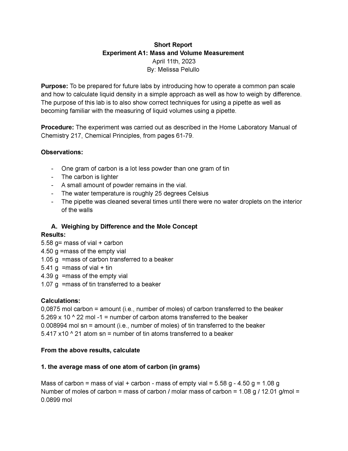 Experiment A1 - Short Report Experiment A1: Mass and Volume Measurement ...