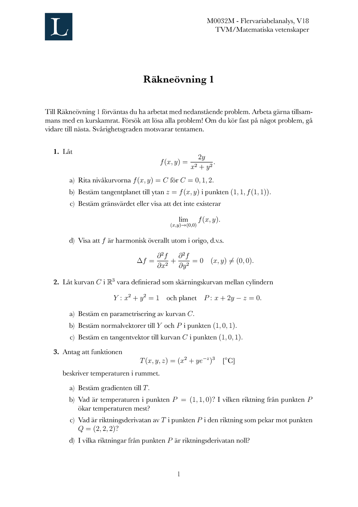 Räkneövning 1 - M0032M - Flervariabelanalys, V TVM/Matematiska ...