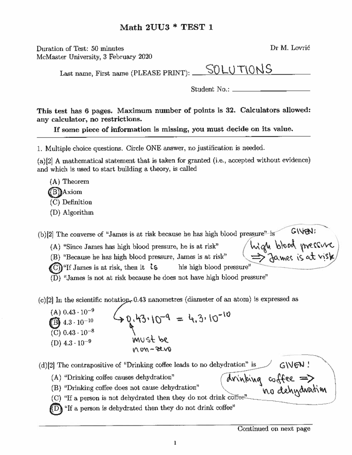 2uu3test1winter 2020 solutions - Math 2UU3 - Studocu