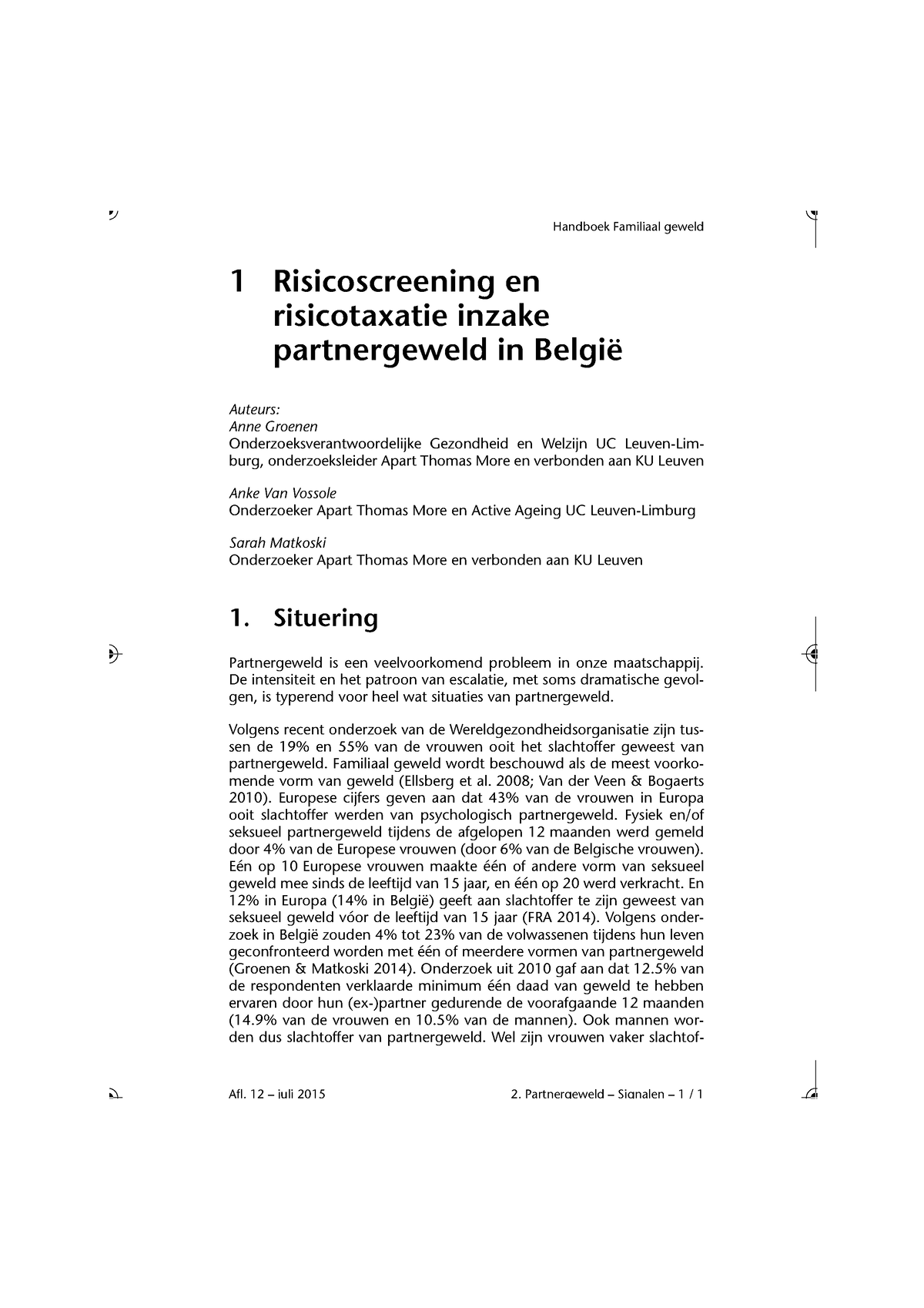 Les 1 Risicoscreening En Risicotaxatie Inzake Partnergeweld In België ...