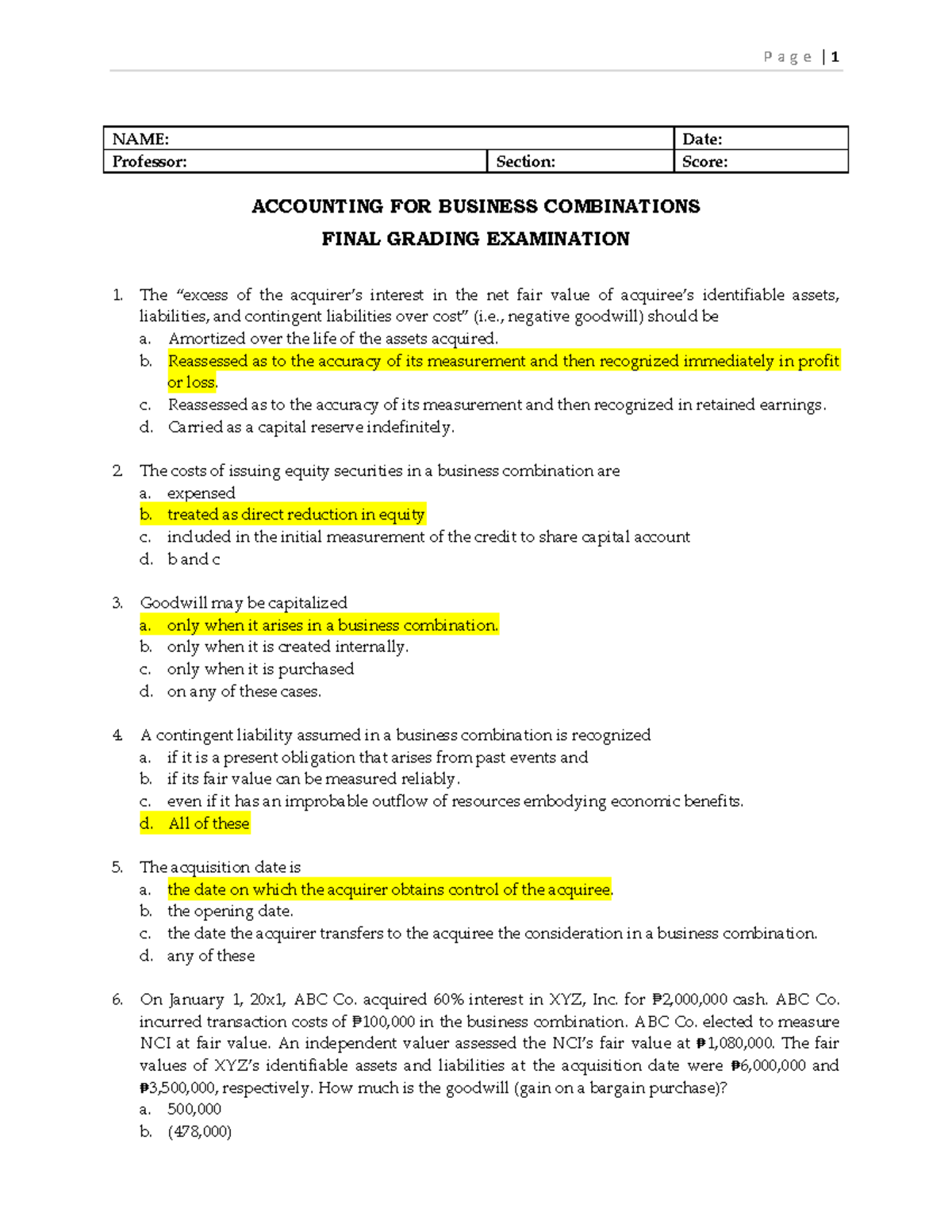 Final reviewer - test banks - NAME: Date: Professor: Section: Score ...