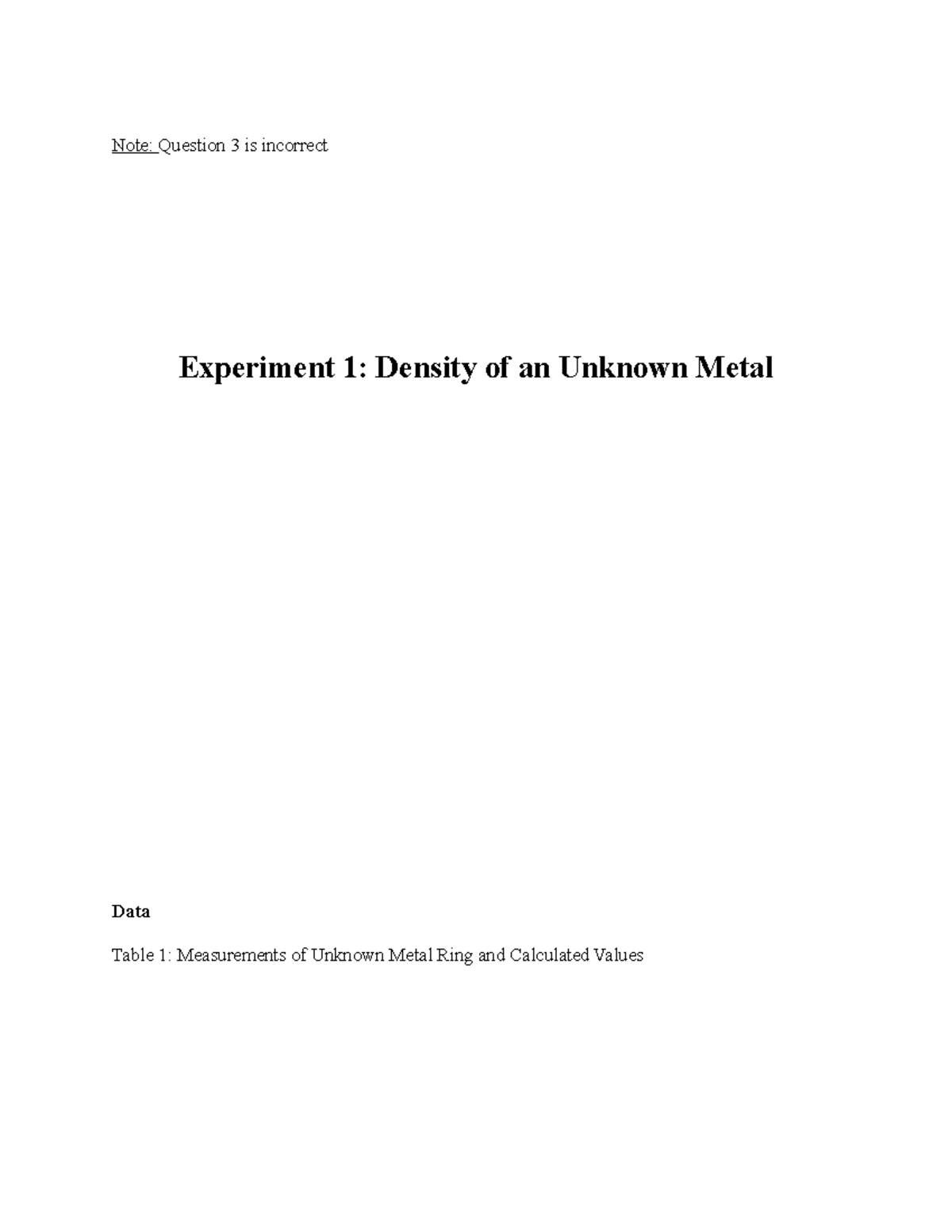 Density of an Unknown Metal Note Question 3 is incorrect Experiment