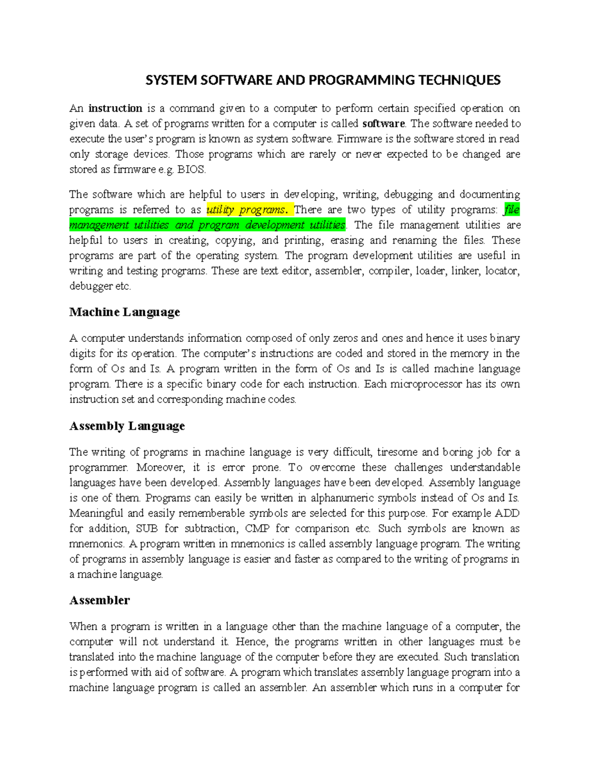 System Software AND Programming Techniques 1 - SYSTEM SOFTWARE AND ...