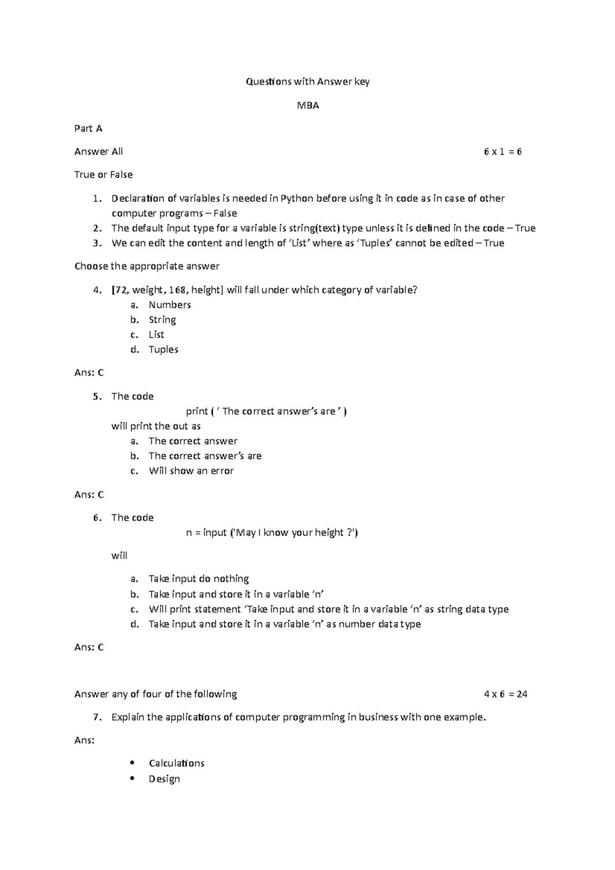 Test 1 - MBA - Python Unit Test questions - Questions with Answer key ...