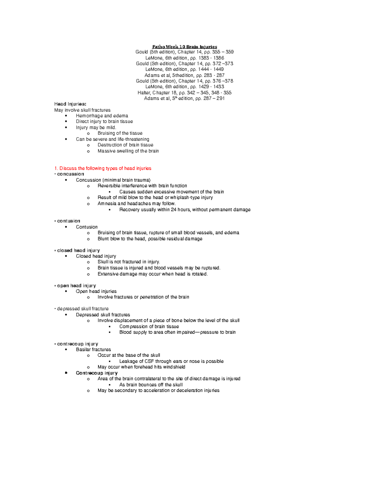 Patho TT3 - Week 10 - Lecture Notes Test 3 Review - Patho Week 10 Brain ...