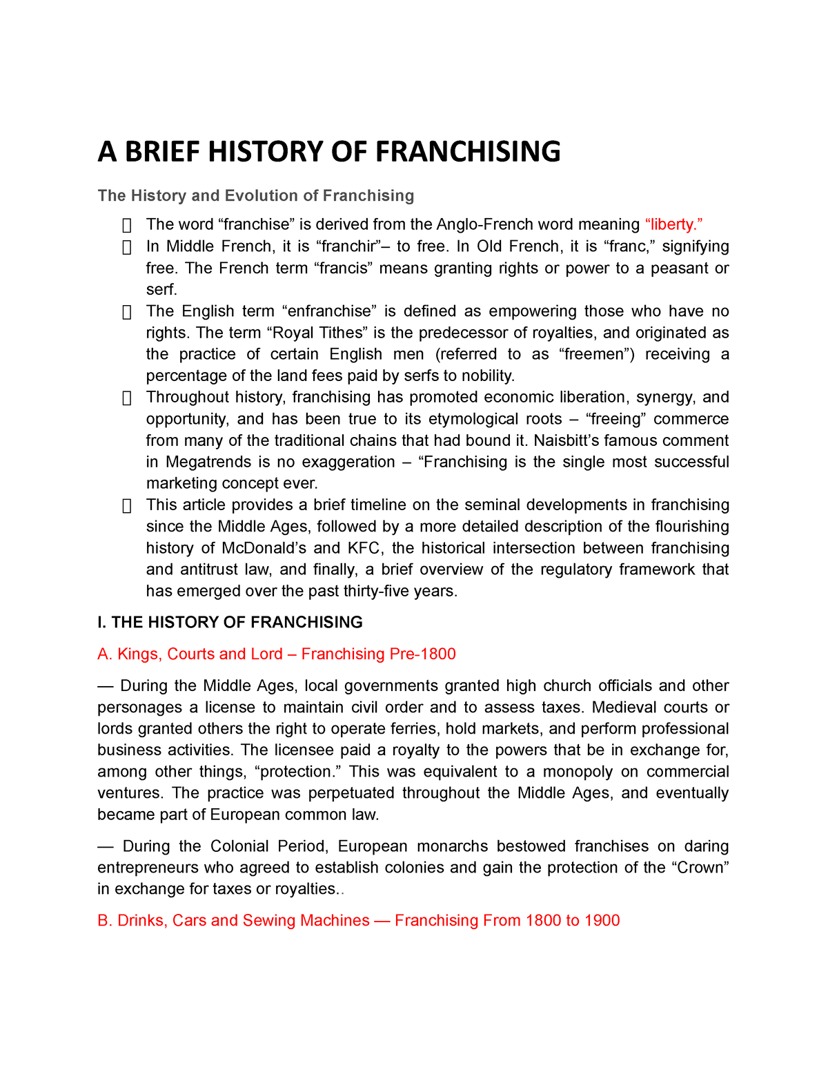 history of franchising essay