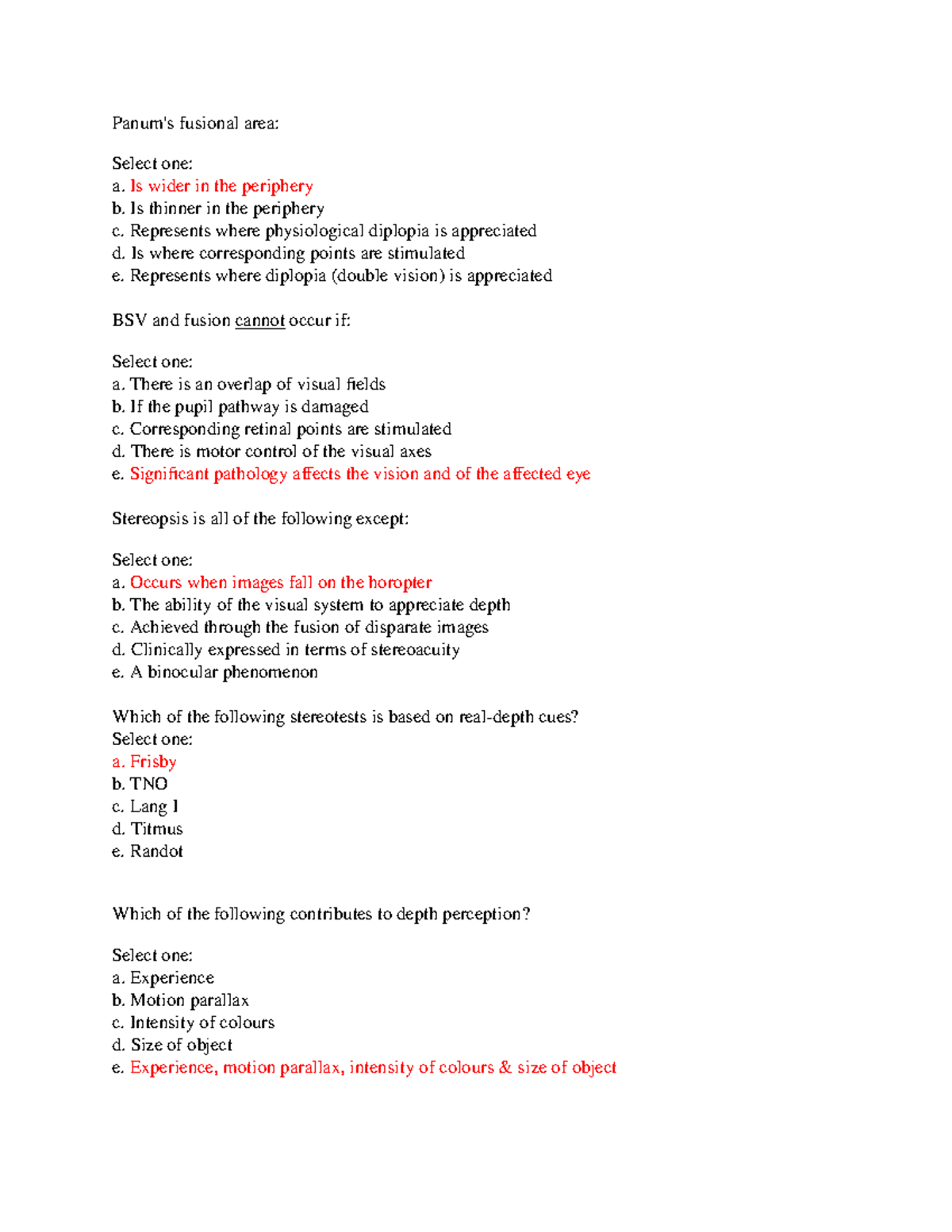 Binocular Vision And Refraction quiz Panum's fusional area Select