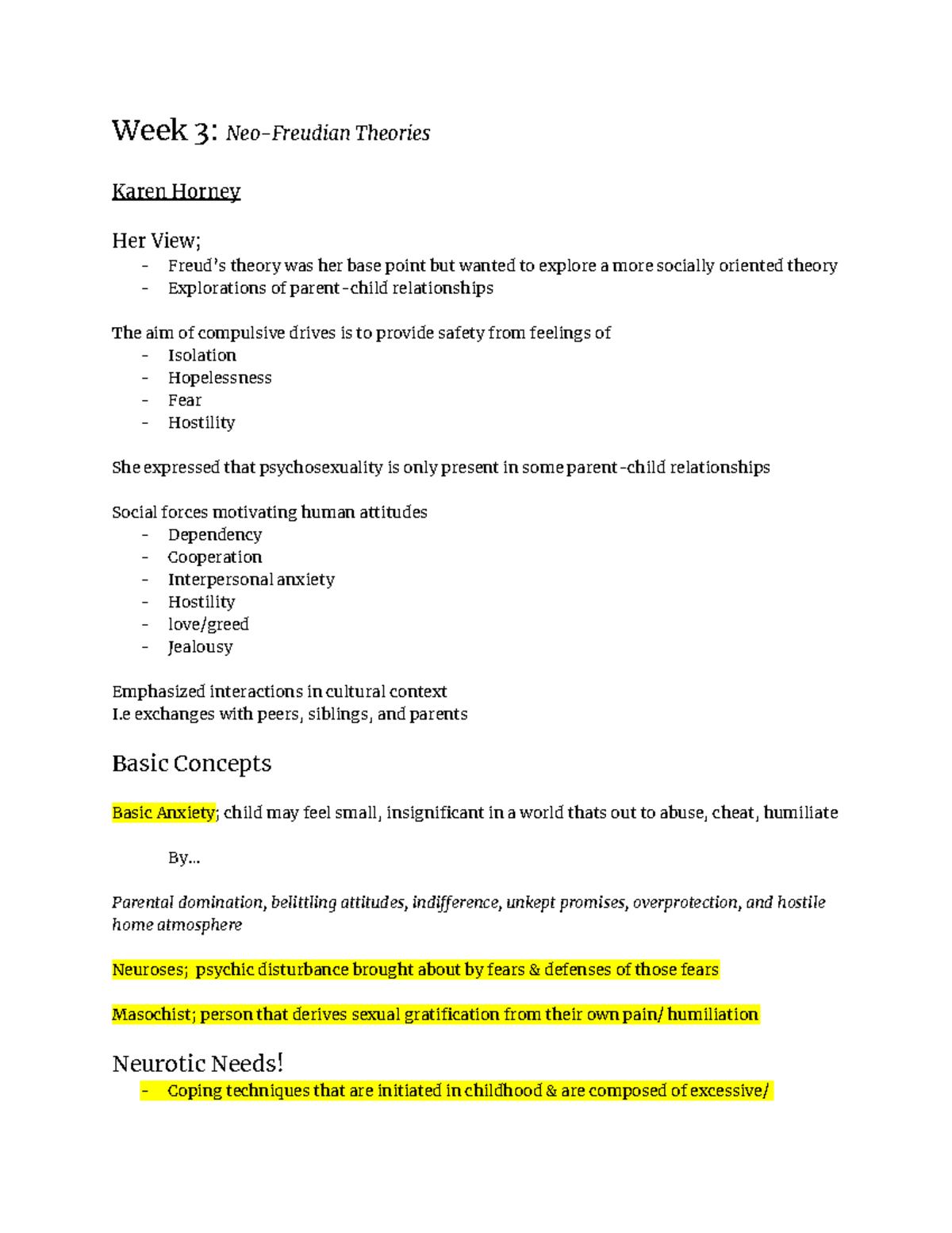 PSYC 335 Week 3 notes - Focus on karen horney and her contributions to ...