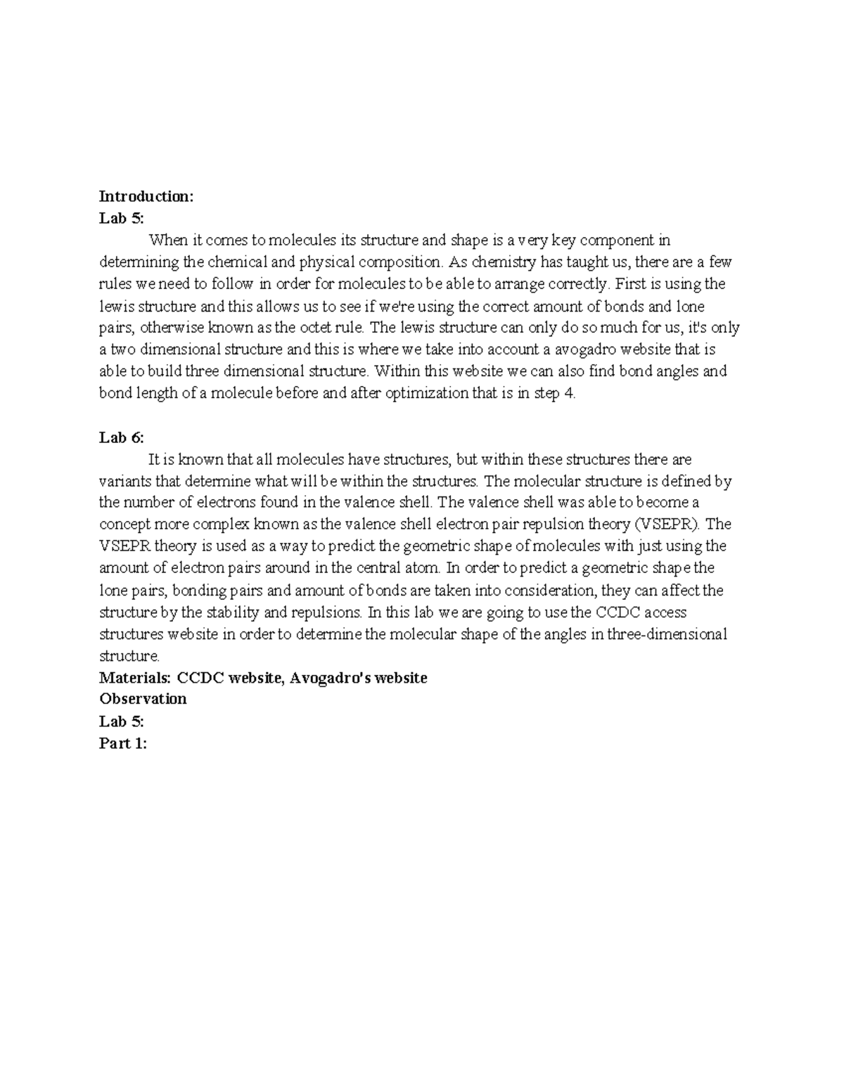 hunter chem lab 6 - Introduction: Lab 5: When it comes to molecules its ...