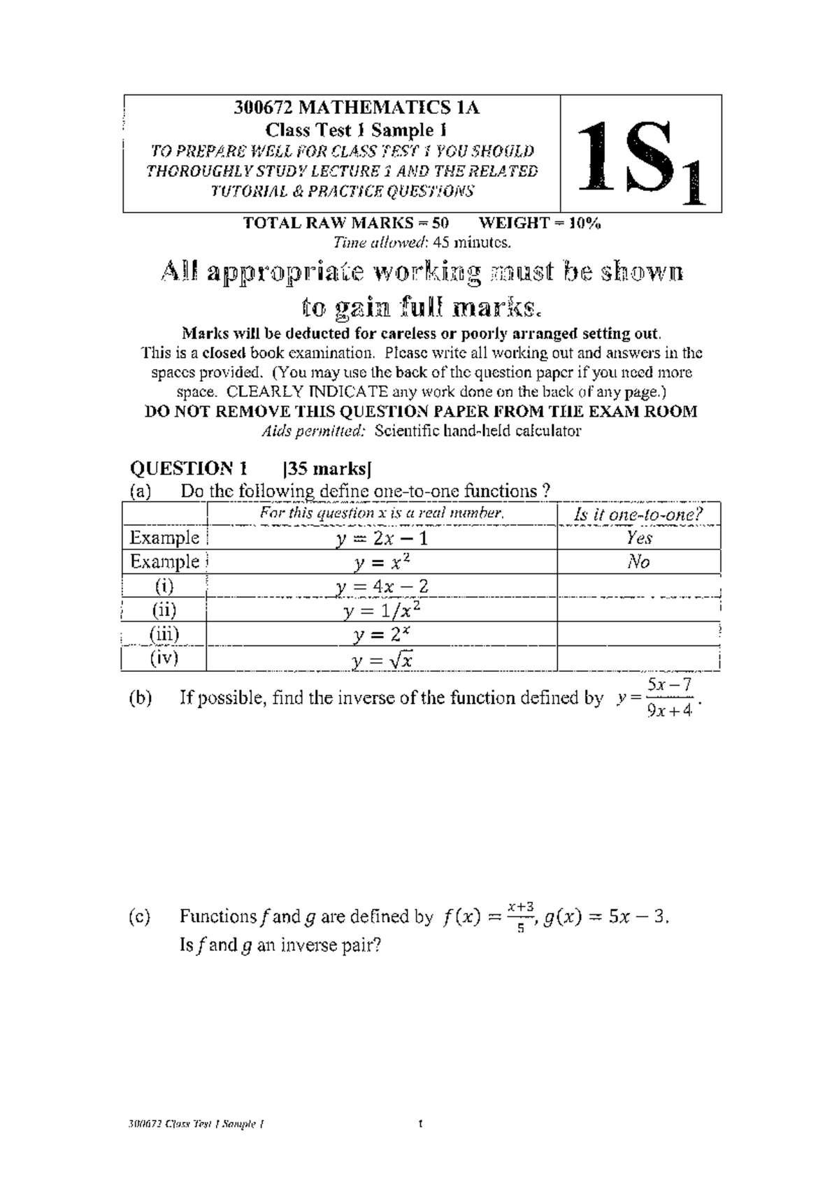 300672 Mathematics 1A Class Test 1 Sample 1 pdf A17 - 300672 - Studocu