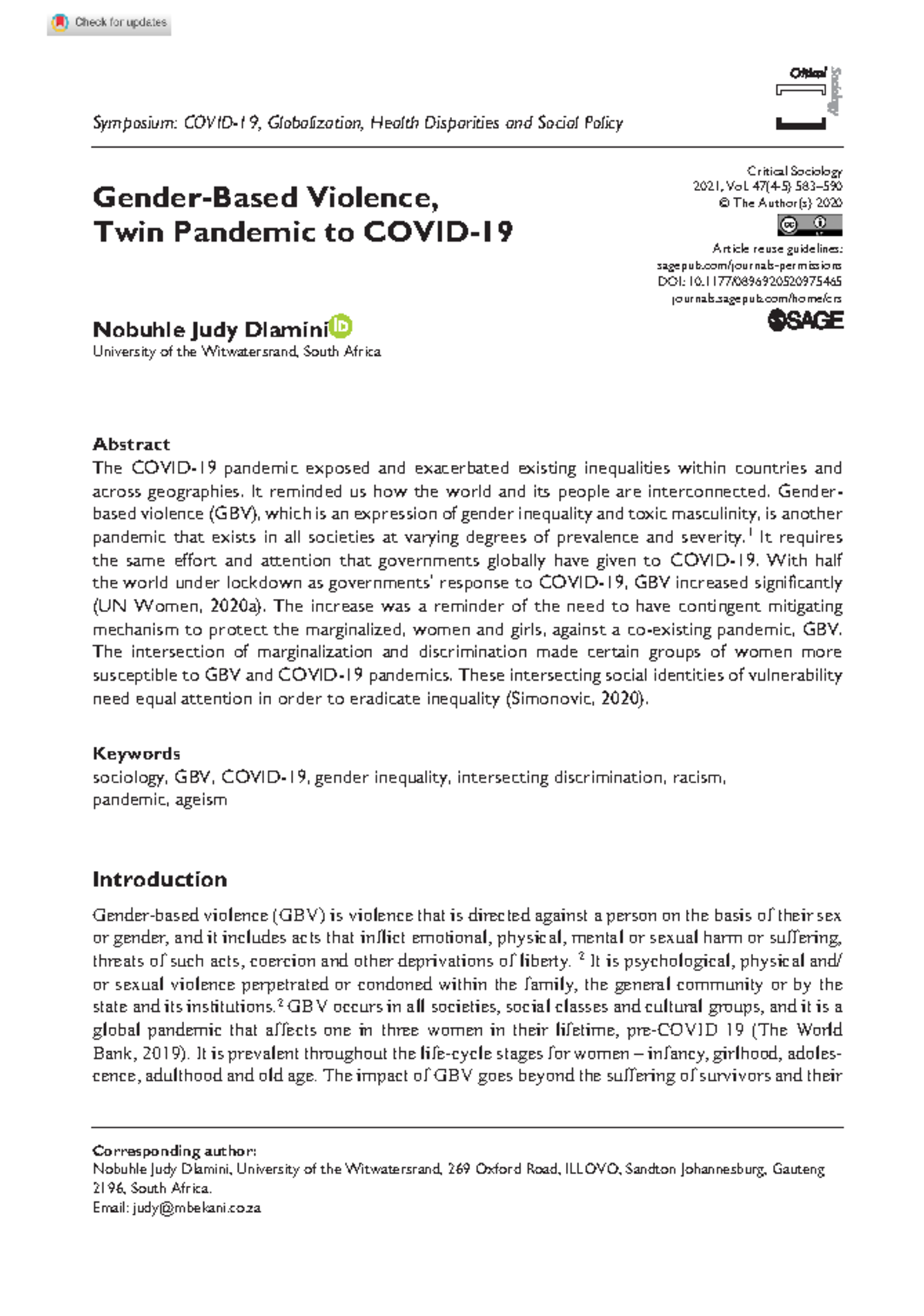 Dlamini 2020 gender based violence twin pandemic to covid 19 - doi/10. ...
