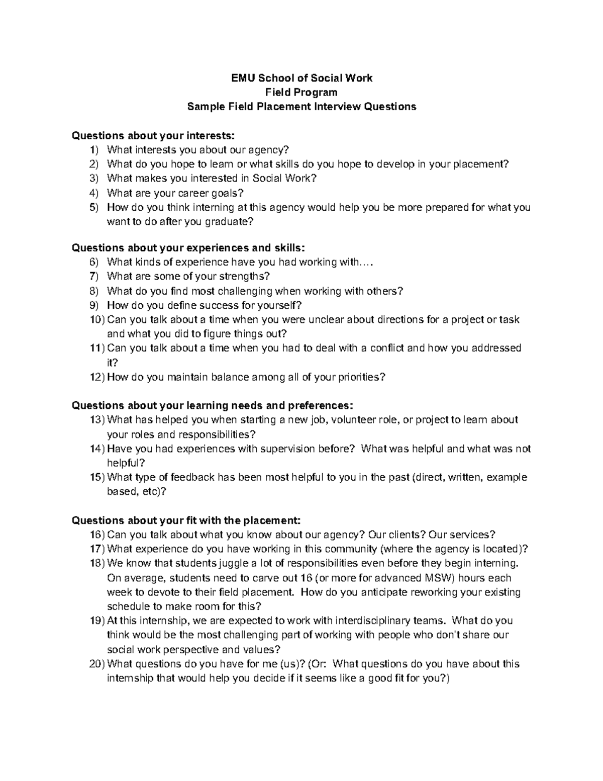 Mock interview questions - EMU School of Social Work Field Program ...