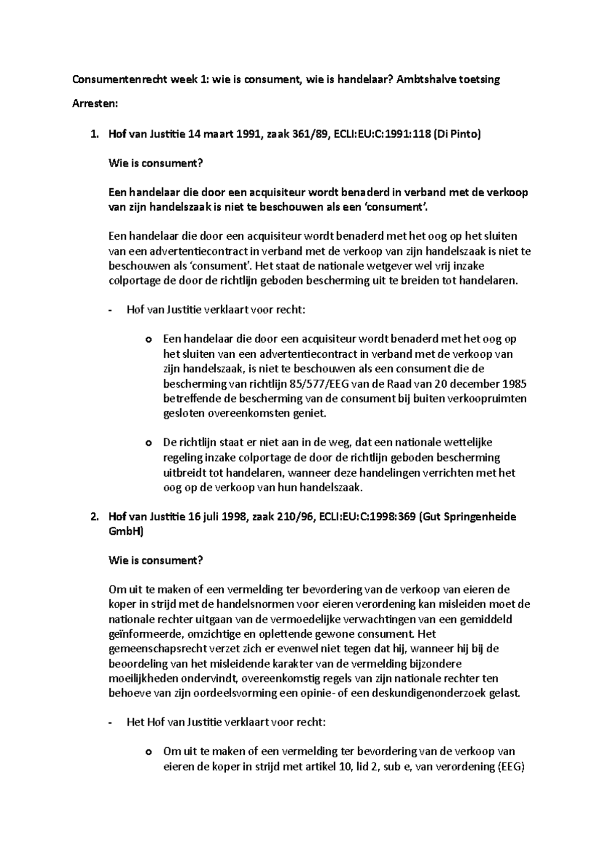 Samenvatting Arresten Week 1 - Consumentenrecht - UvA - Studeersnel