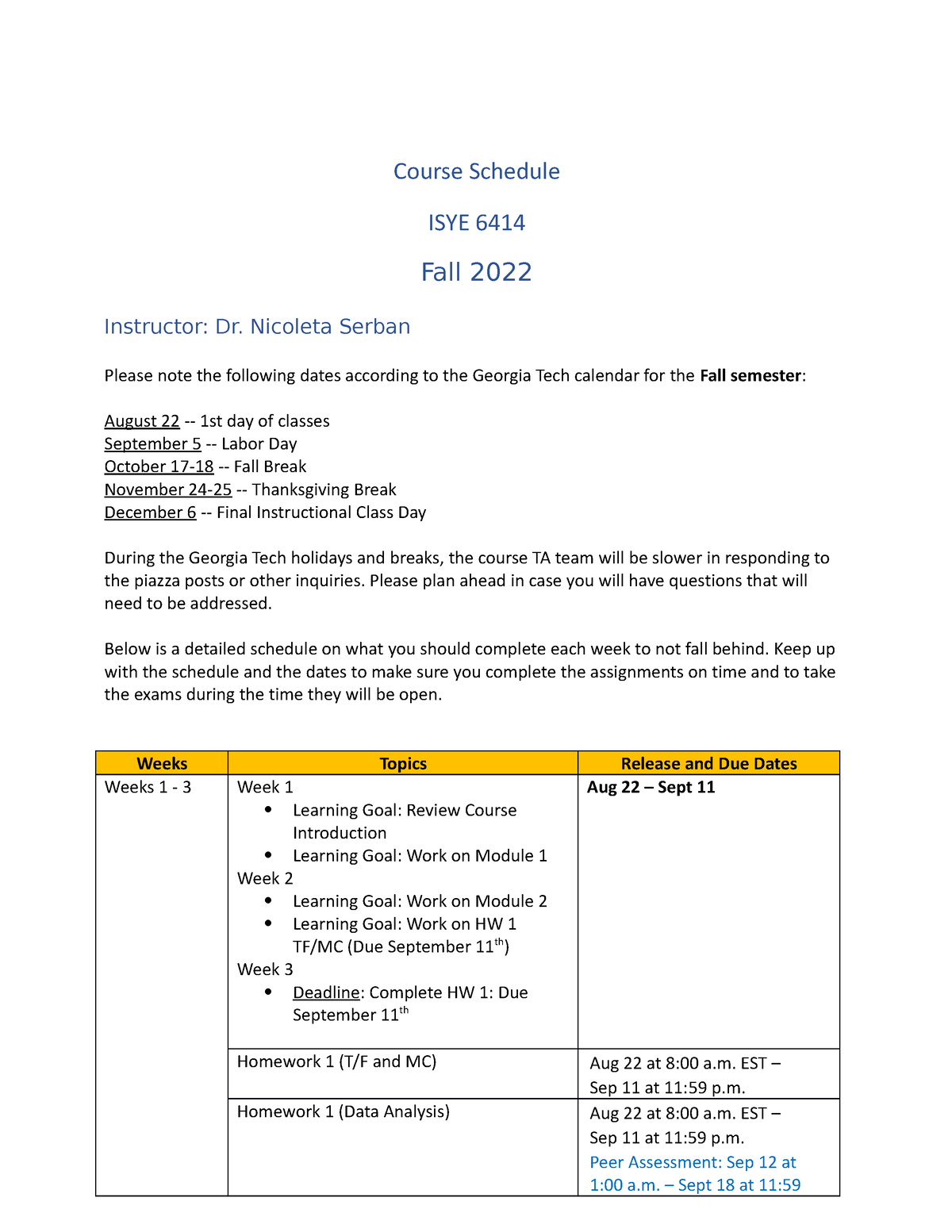 ISYE6414Fall2022Course Schedule V3 - ISYE 6414 - Georgia Tech - Studocu