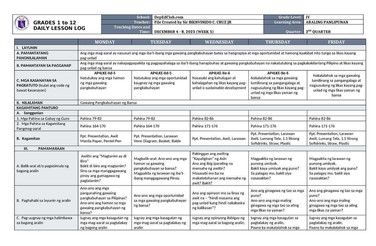 Dll Araling Panlipunan 4 Q2 W5 Grades 1 To 12 Daily Lesson Log School Depedclub Grade Level 9449