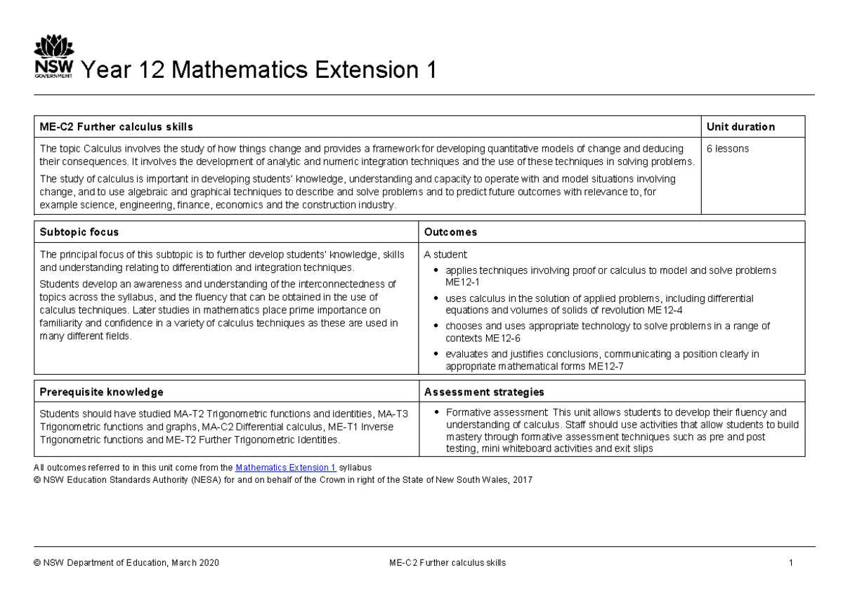 Me c2 further calculus skills - Year 12 Mathematics Extension 1 ...