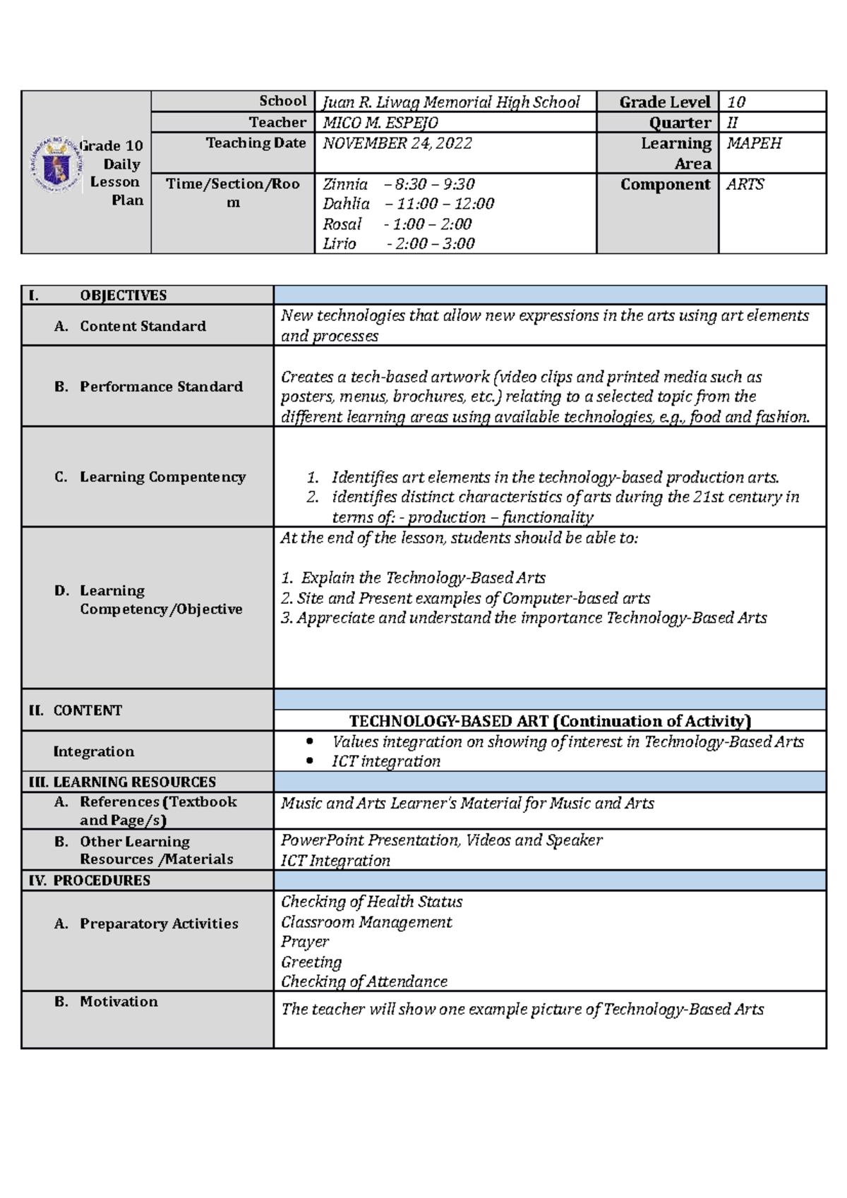 November 22 2022 G10 Mapeh - Grade 10 Daily Lesson Plan School Juan R ...