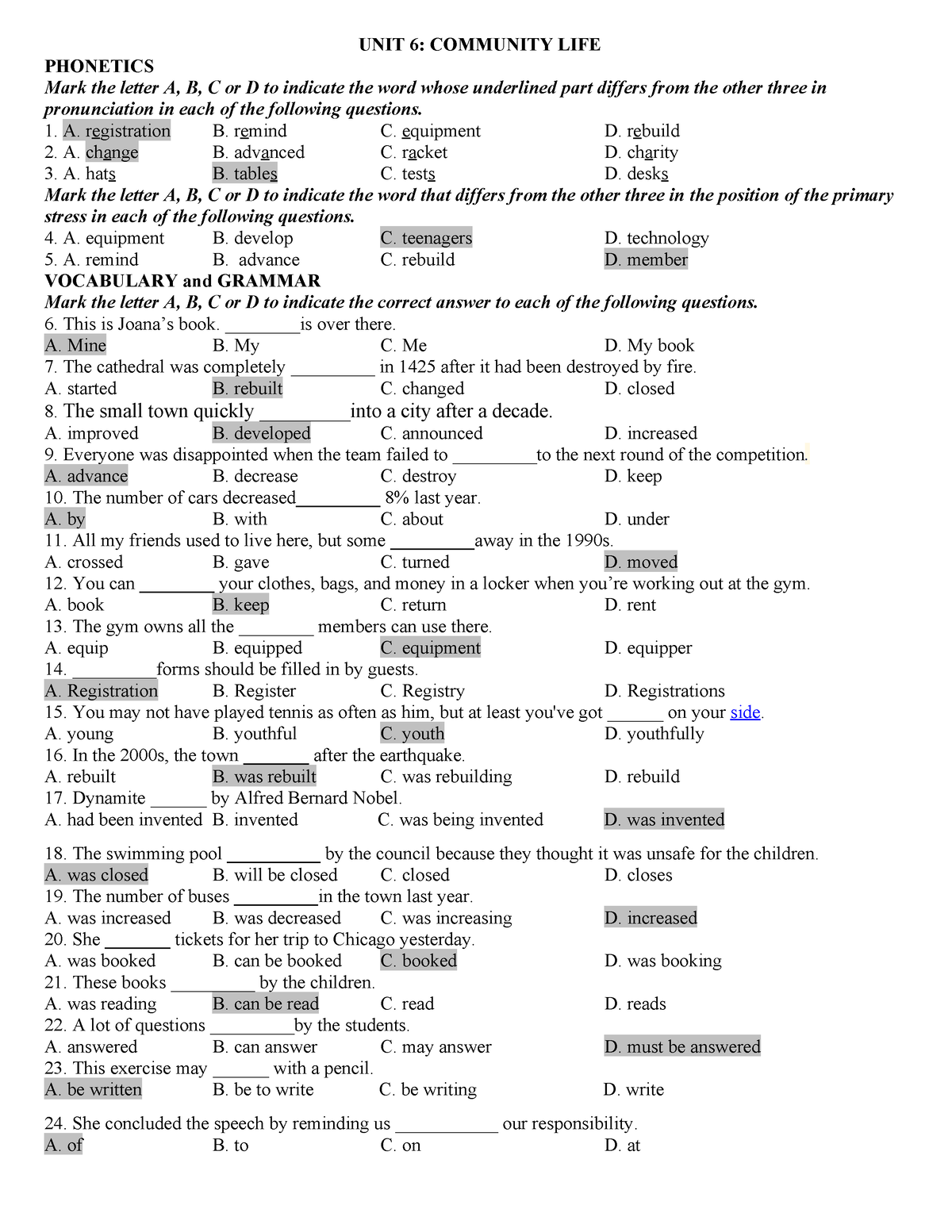 Exercises Unit 6 anh 10 I Learn Smart World - UNIT 6: COMMUNITY LIFE ...