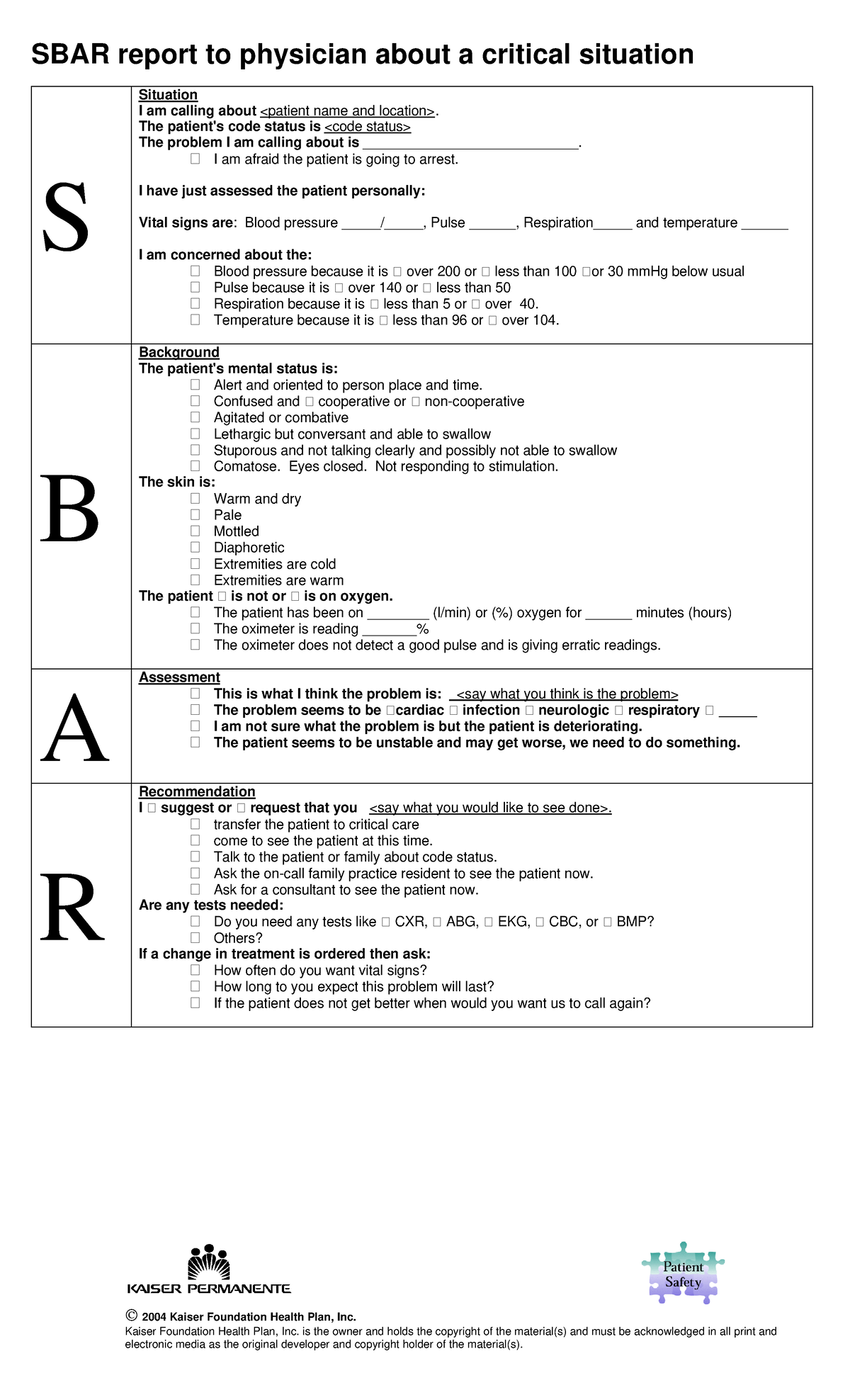 SBAR Guidelines - research - 2004 Kaiser Foundation Health Plan, Inc ...