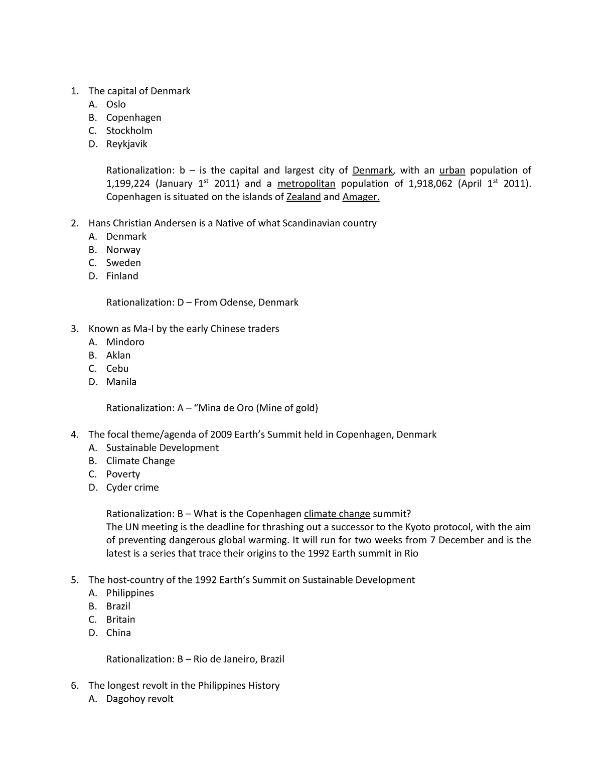 Social Science Part 2 - N/A - The capital of Denmark A. Oslo B ...