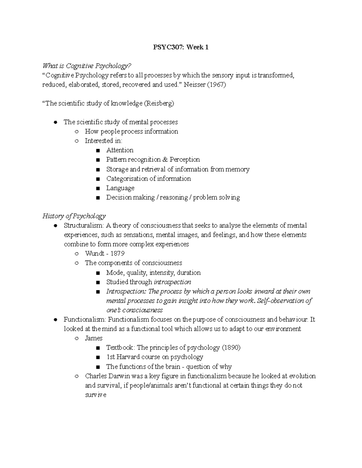 PSYC307 Lectures - PSYC307: Week 1 What is Cognitive Psychology ...