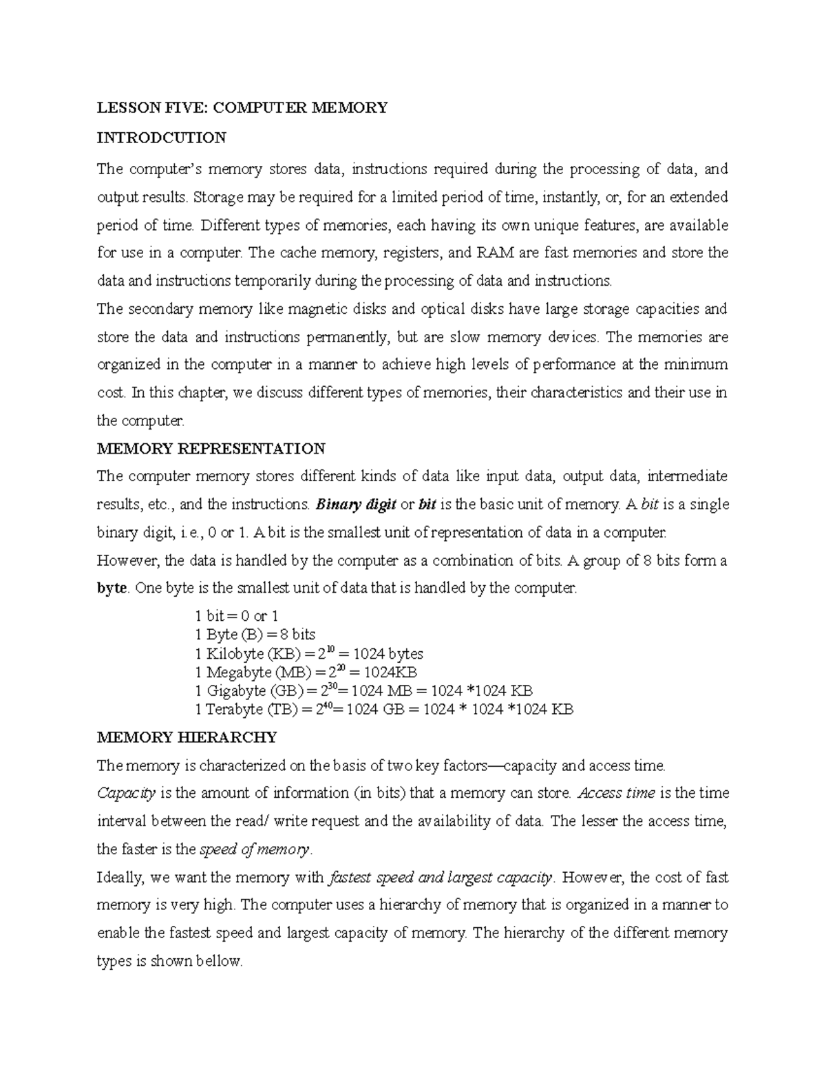 Lecture 6 Computer Memory LESSON FIVE COMPUTER MEMORY INTRODCUTION