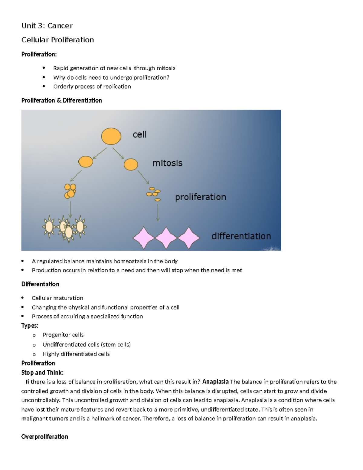 Unit 3 Cancer - Unit 3: Cancer Cellular Proliferation Proliferation ...