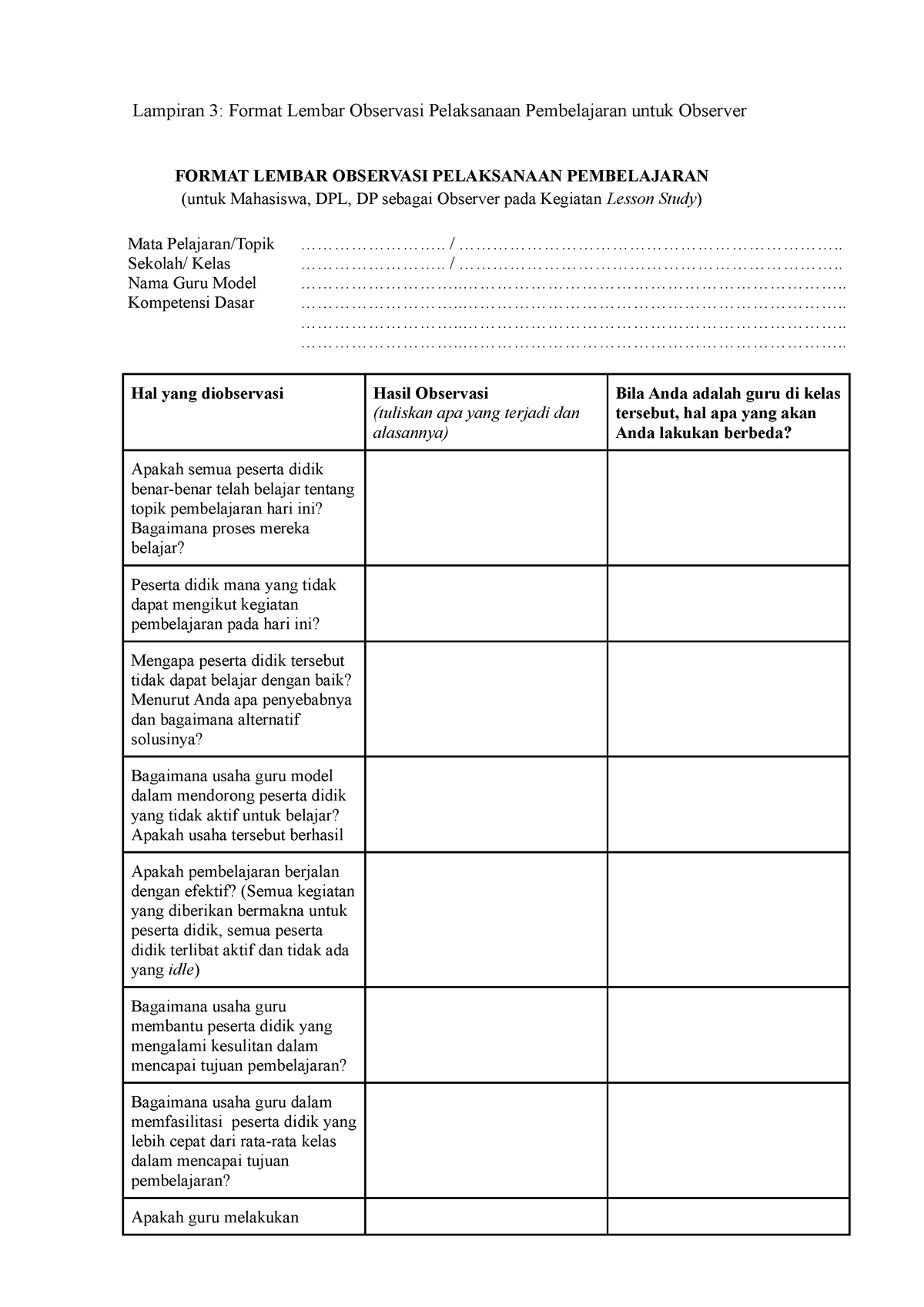 Format Lembar Observasi Lesson Study - Lampiran 3: Format Lembar ...