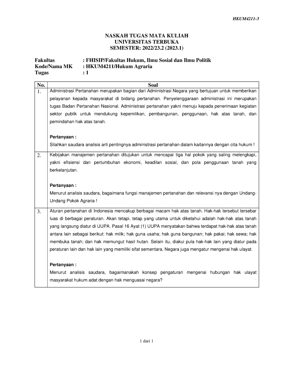 Soal Hkum4211 Tmk1 3 - HKUM4211- 1 Dari 1 NASKAH TUGAS MATA KULIAH ...