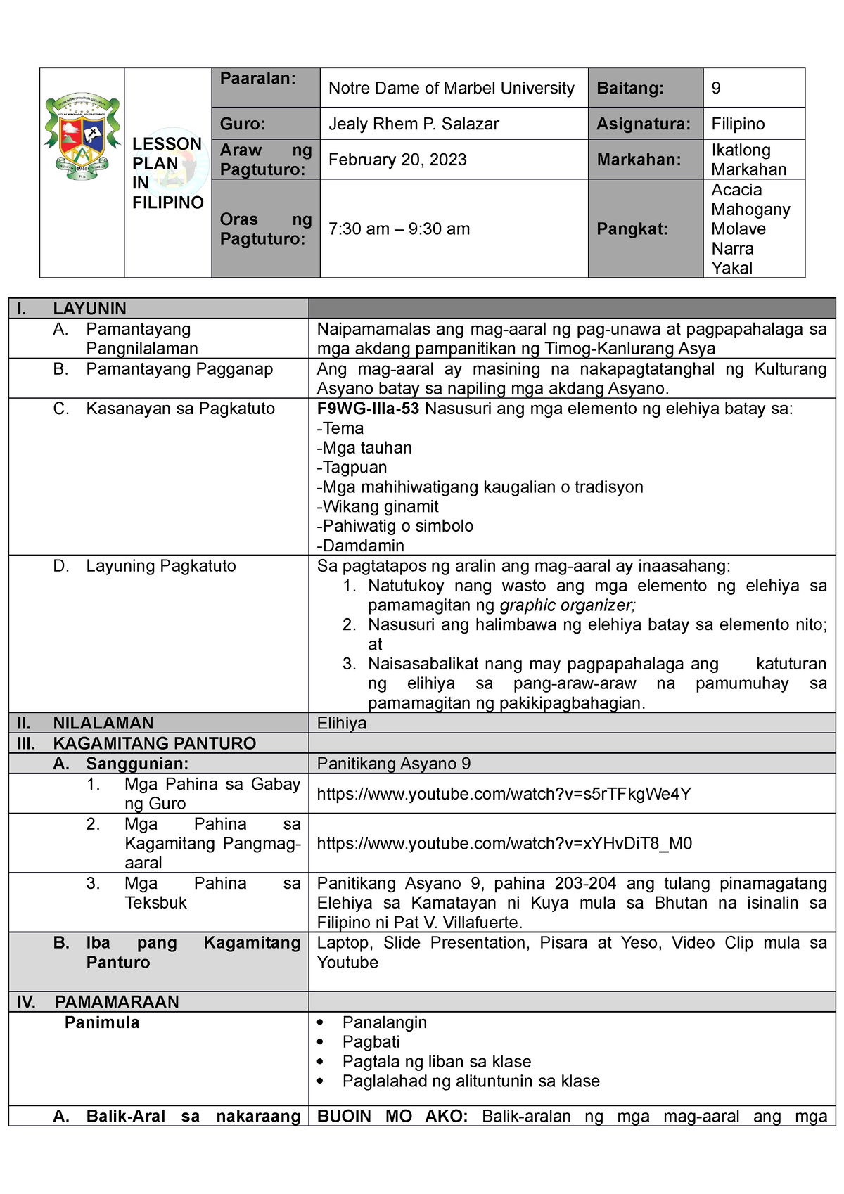 Elehiya Banghay- Aralin - LESSON PLAN IN FILIPINO Paaralan: Notre Dame ...