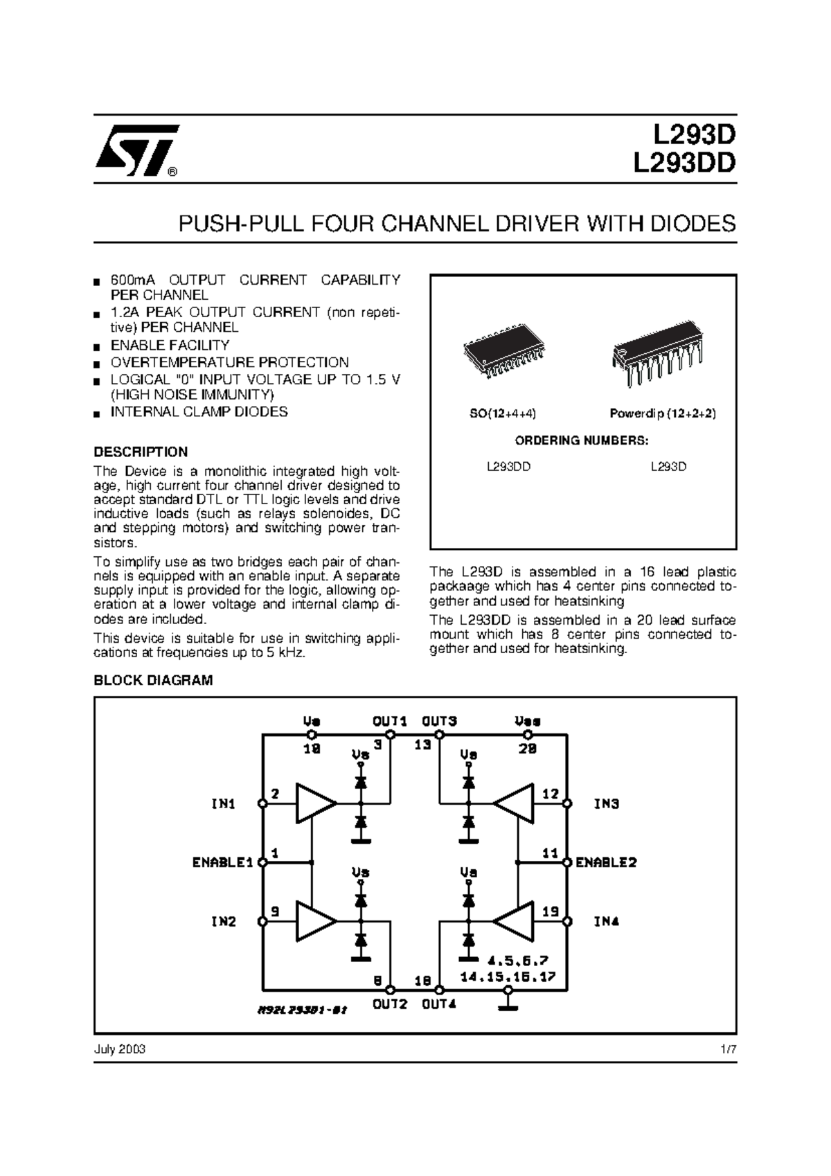 L293D Microcontroller L293D L293DD PUSHPULL FOUR CHANNEL DRIVER WITH DIODES 600mA OUTPUT