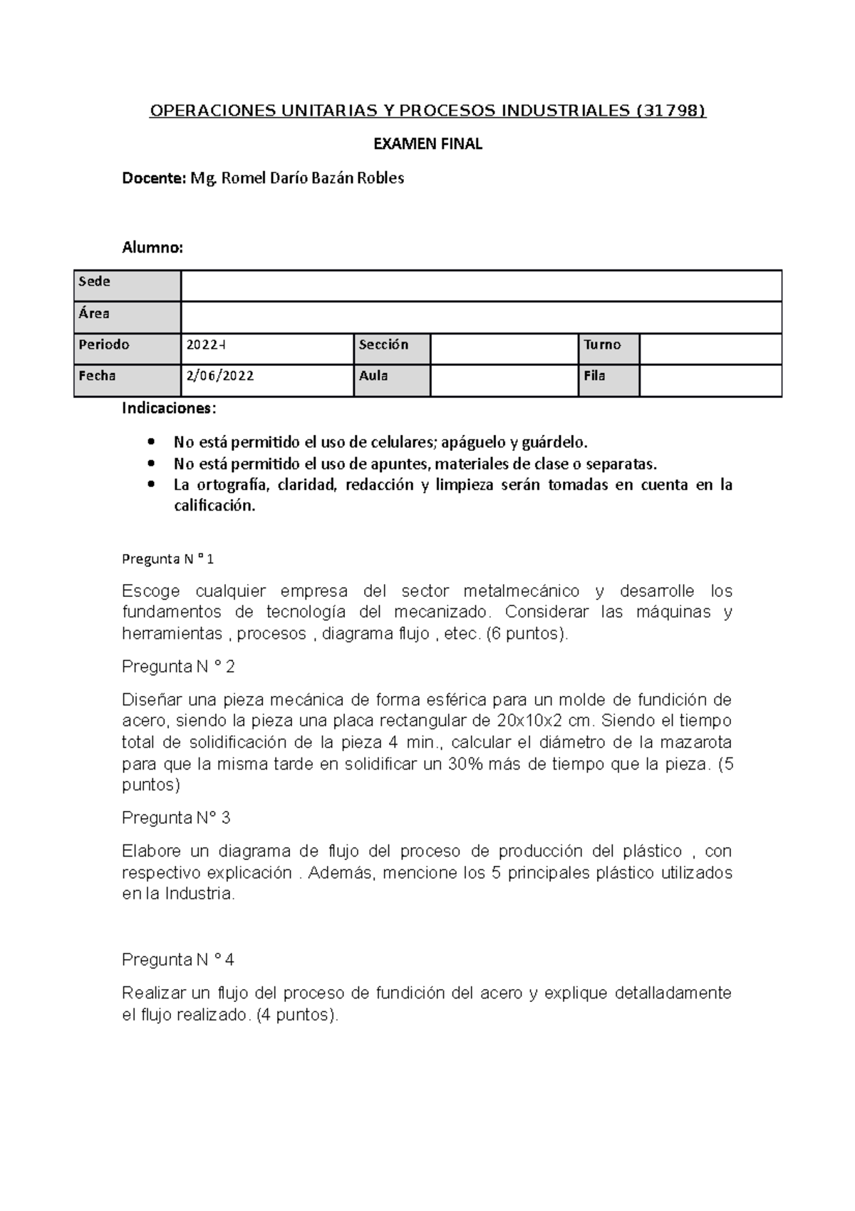 Examen Final - Semestre Remoto - OPERACIONES UNITARIAS Y PROCESOS ...