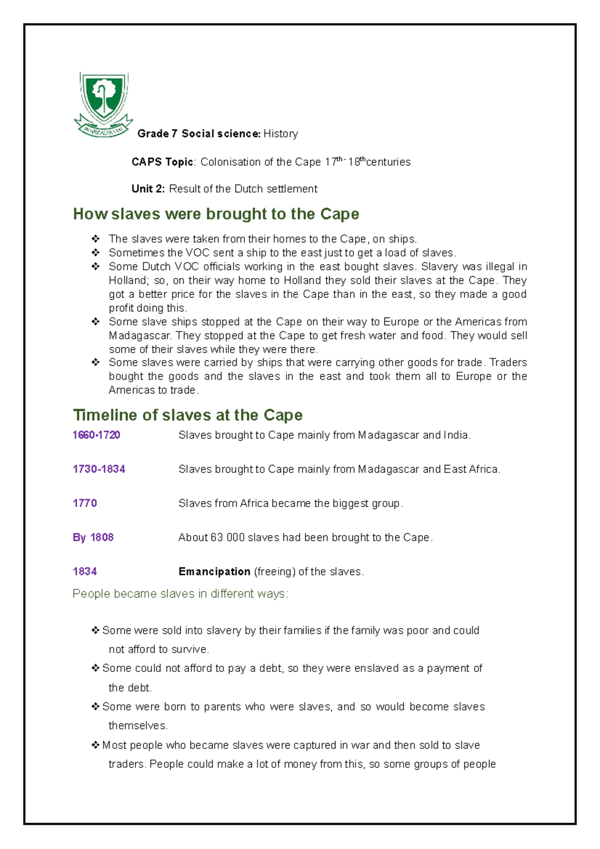 How Slaves Were Brought To The Cape Grade 7 Social Science History Caps Topic Colonisation