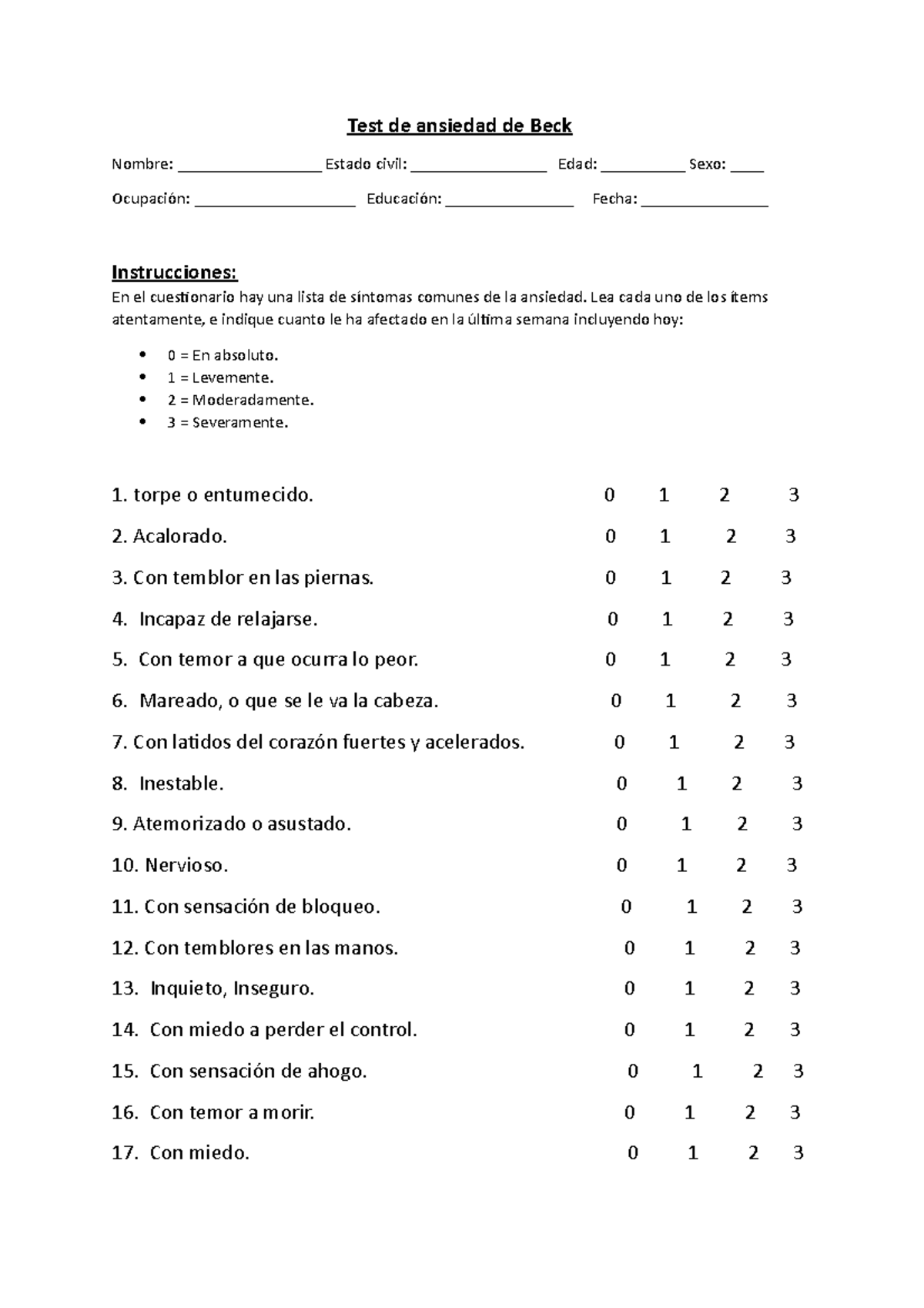 Test de ansiedad de Beck Test de ansiedad de Beck Nombre _________________ Estado civil Test de ansiedad de Beck Test de ansiedad de Beck Nombre _________________ Estado civil