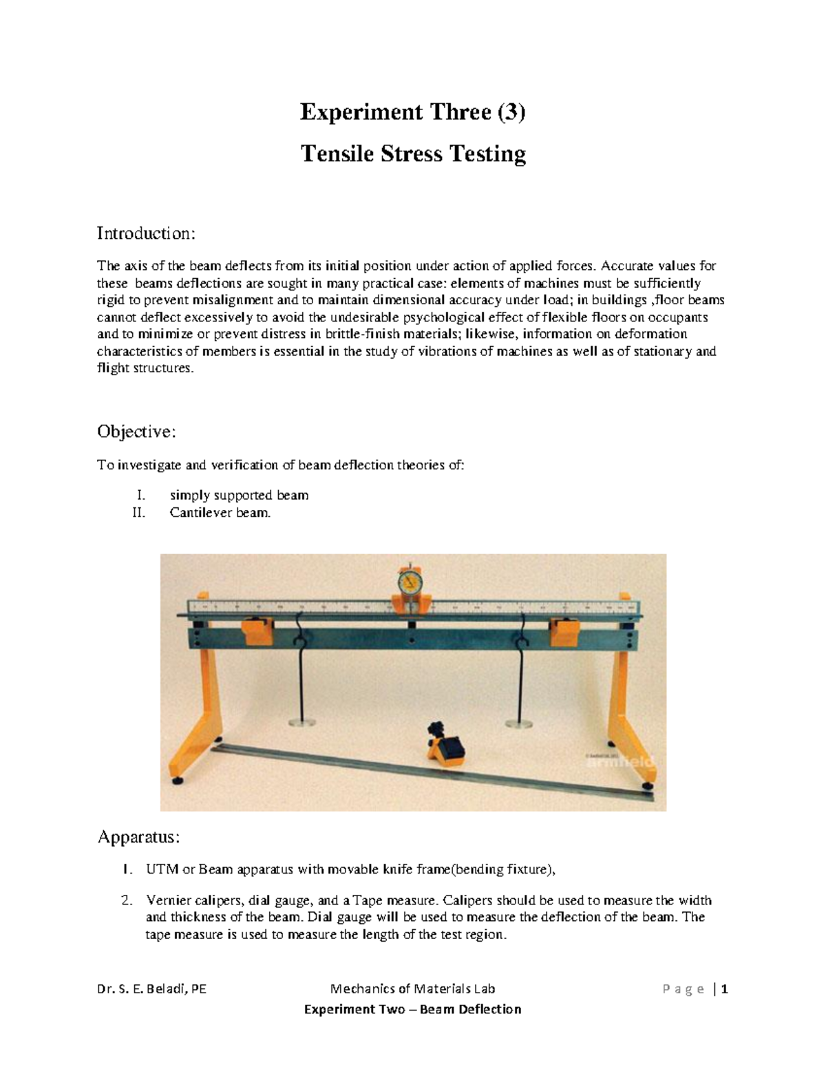 deflection of beam experiment procedure