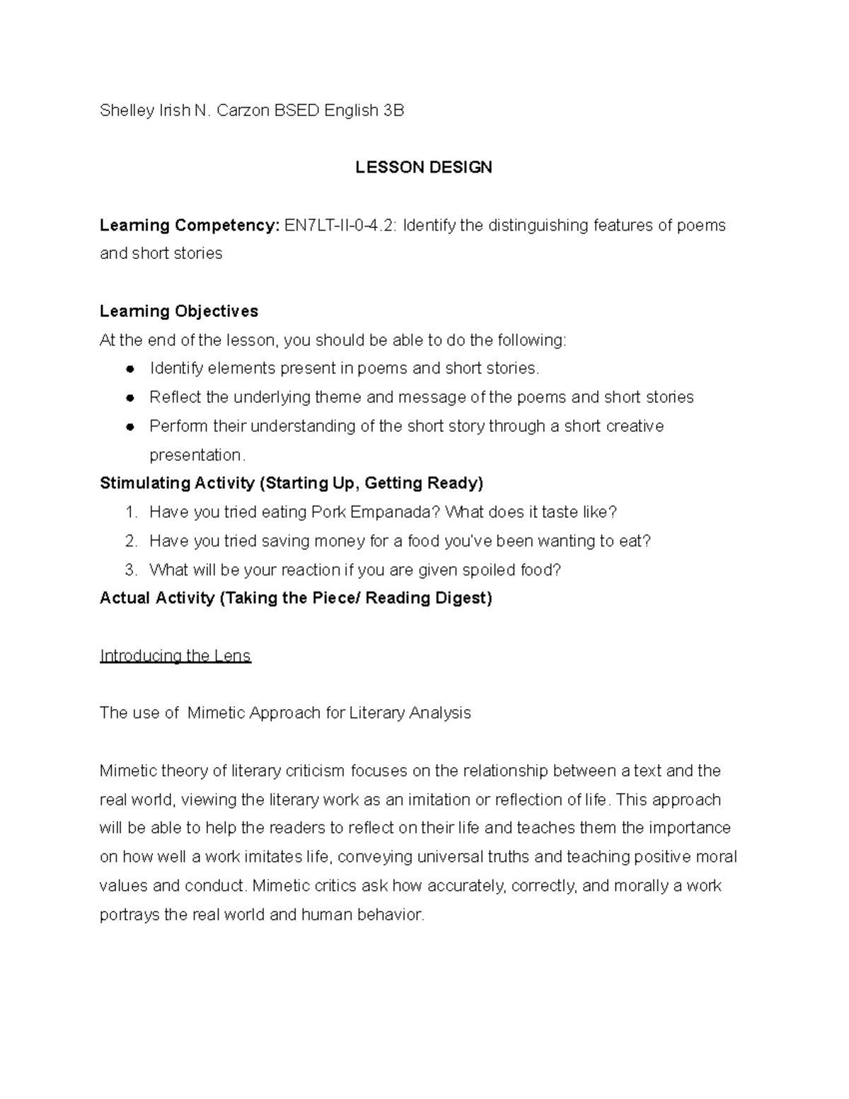 EN7LT II 0 4 - noted - Shelley Irish N. Carzon BSED English 3B LESSON ...