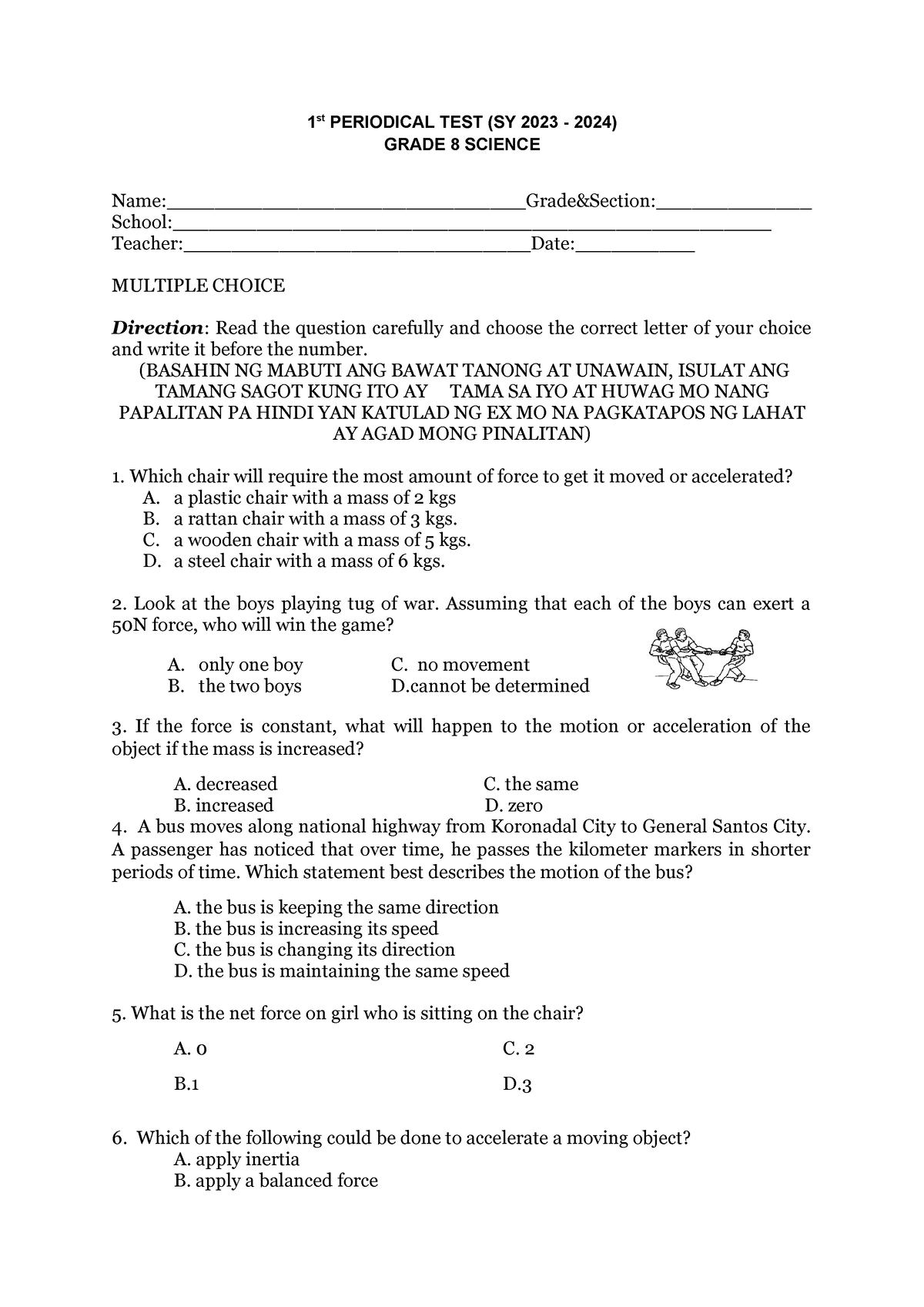 1st Periodical TEST Grade Science - 1 st PERIODICAL TEST (SY 2023 ...