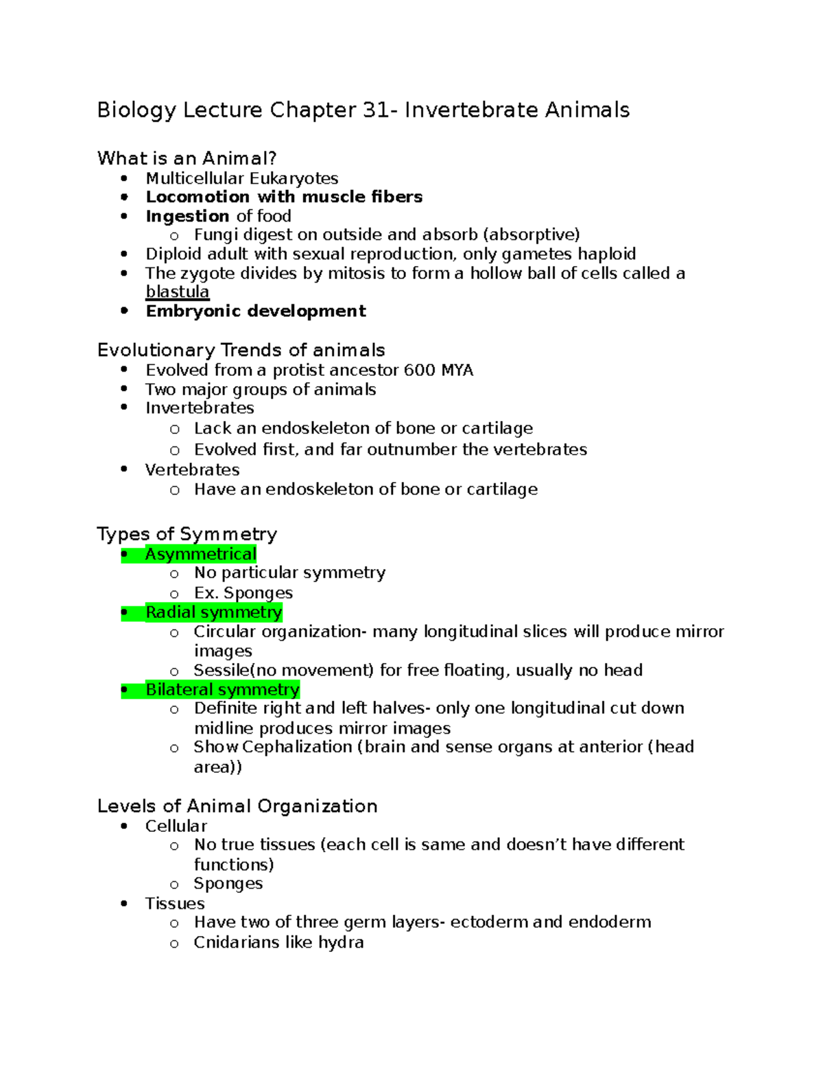 Biology Lecture Chapter 31 Invertebrate Animals Sponges Radial