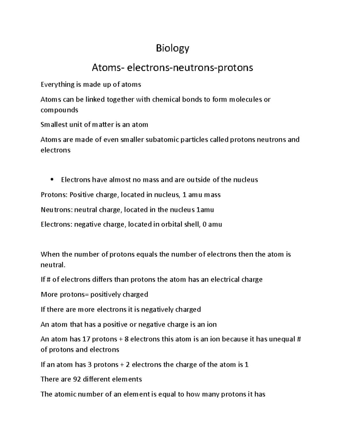 Biology 1 Revised Notes Biology Atoms Electrons Neutrons Protons Everything Is Made Up Of 2134