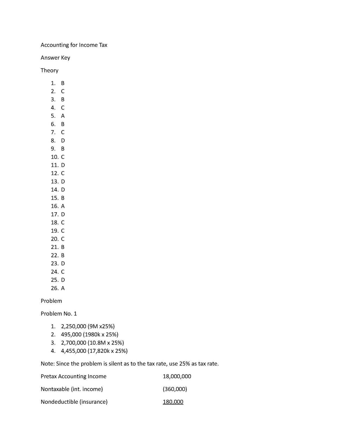 Accounting For Income Tax Answer KEY - Accounting For Income Tax Answer ...