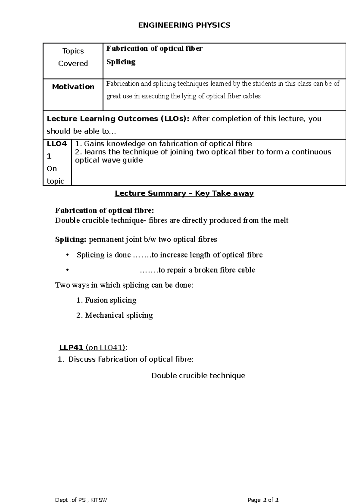 Splicing - ENGINEERING PHYSICS Topics Covered Fabrication of optical ...